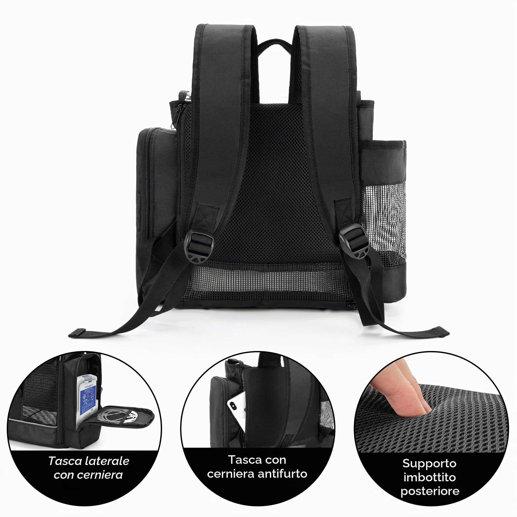 CURMIO Borsa da viaggio per concentratori di ossigeno portatili, compatibile con Inogen One, Oxygo, unità Caire, SimplyGo Mini, borsa da viaggio POC per macchina e accessori, Nero | Zaino da Viaggio per POC, Rete Traspirante, Apertura sul Fondo, Compatibi