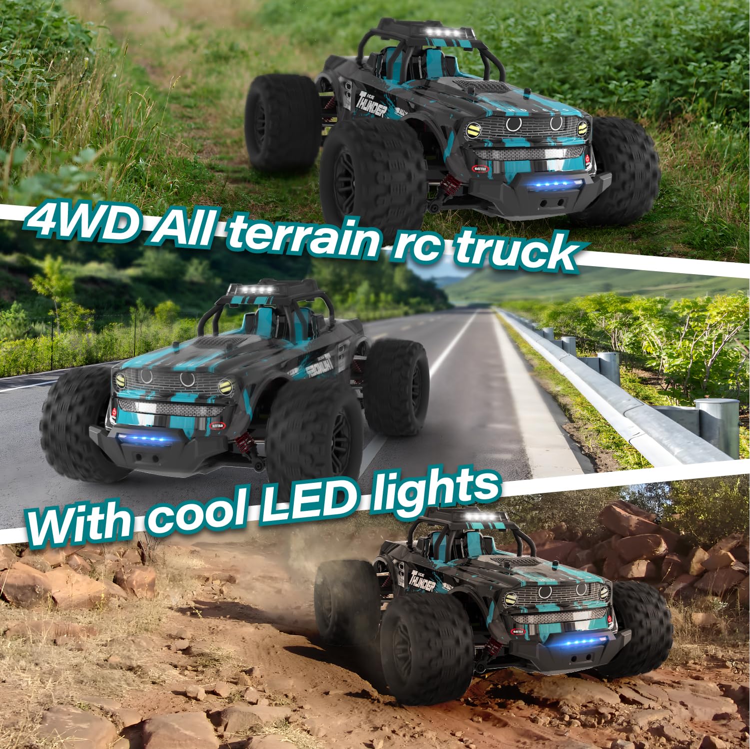 snookids Auto Telecomandata 1:14, Auto RC Fuoristrada 40 km/h 4WD Monster Truck RC con Luce Colorata, 2 Batterie, Auto da Corsa Fuoristrada da 2,4 GHz, Giocattolo Telecomandato per Bambini e Adulti