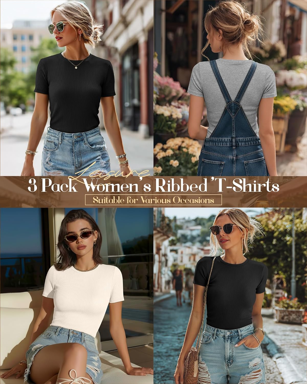 Ficerd 3 Pack Women's Ribbed T-Shirts, Cotton Short Sleeve Basic Tees Crewneck Fitted Tops Casual Shirts 2026 Summer Trendy - Image 2