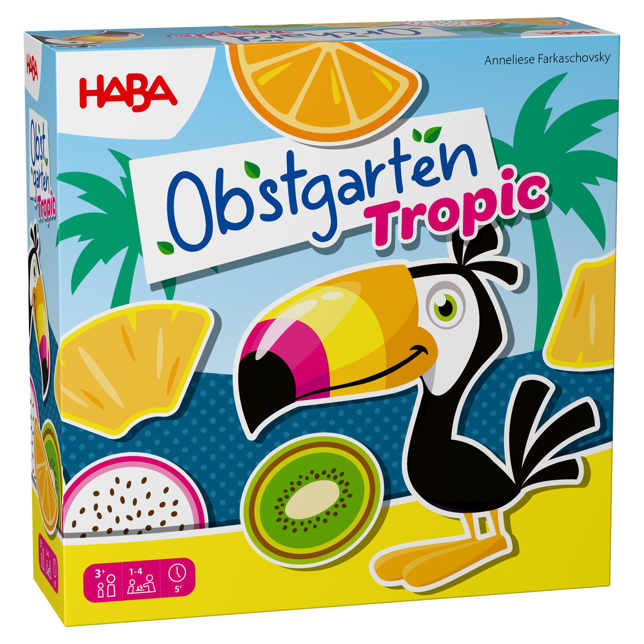 HABA Obstgarten Tropical – Tropisches Sammelspiel für Kinder ab 3 Jahren – Familienspiel rund um Früchte & Farben mit Tukan – Holzspielzeug-Klassiker Neuauflage – 2013575001