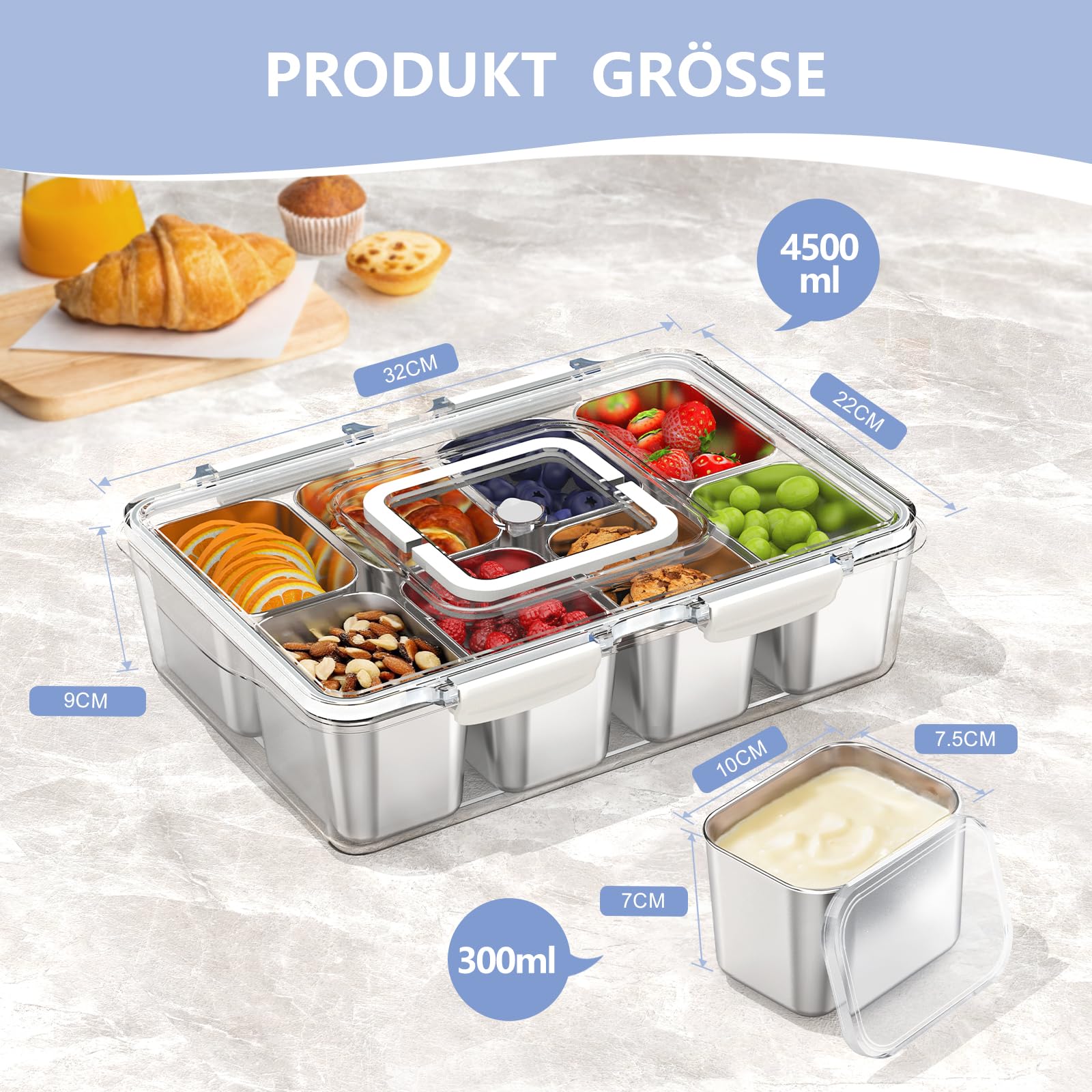JINDUN Snackbox mit 8 Edelstahl Fächern, Snackteller mit Griff und Deckeln