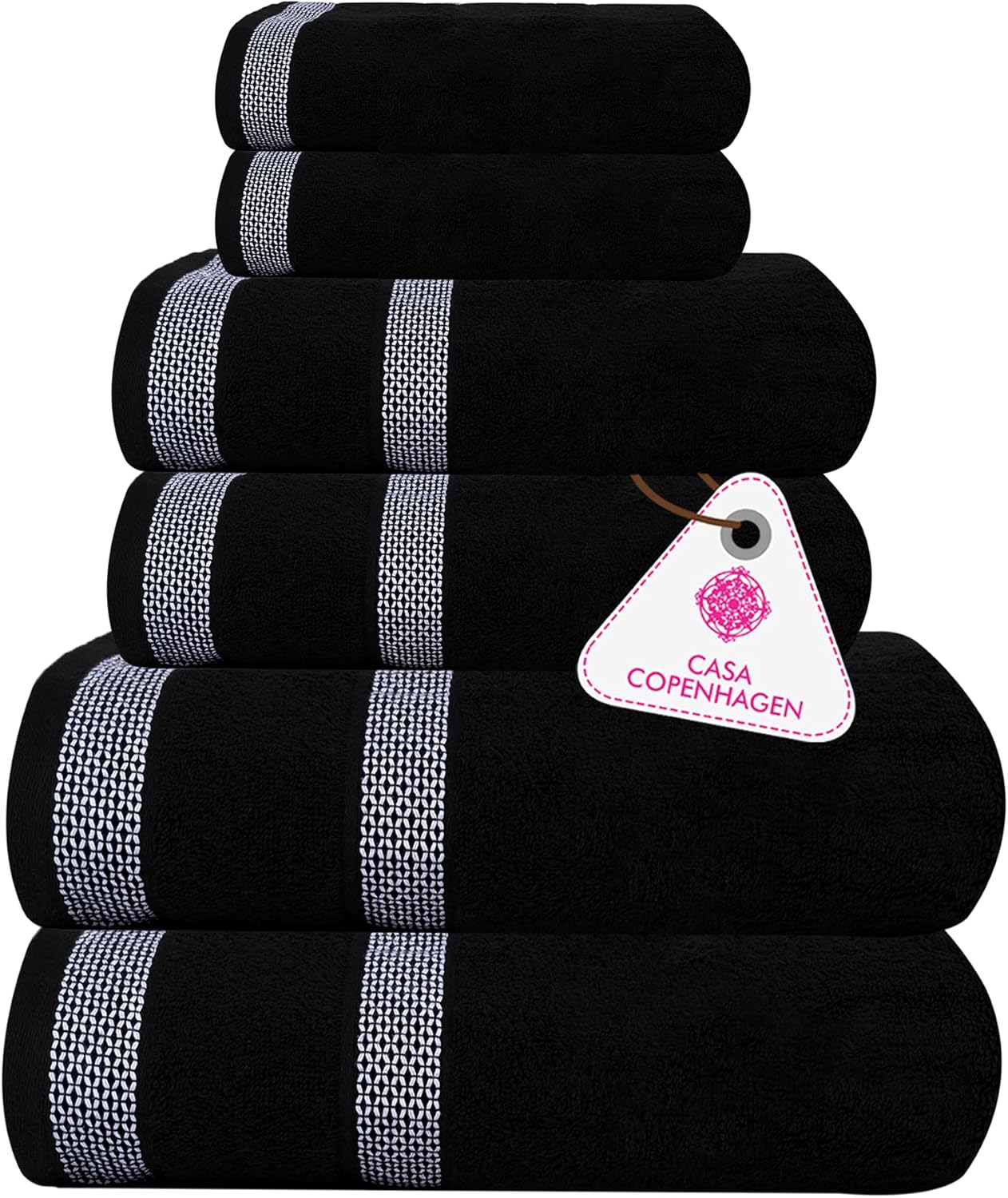 Casa Copenhagen Solitaire Designed in Denmark 600 GSM Hotel & Spa Decorative Kitchen & Bathroom Egyptian Cotton 6 Piece Towel Set, Includes 2 Bath Towels 2 Hand Towels 2 Washcloths – Dark Black : Home & Kitchen