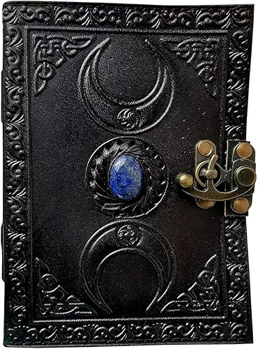 Diario de grimorio de cuero celta con piedra negra hecha a mano triple luna en blanco hechizo en blanco libro de cuero de bruja libro de sombras