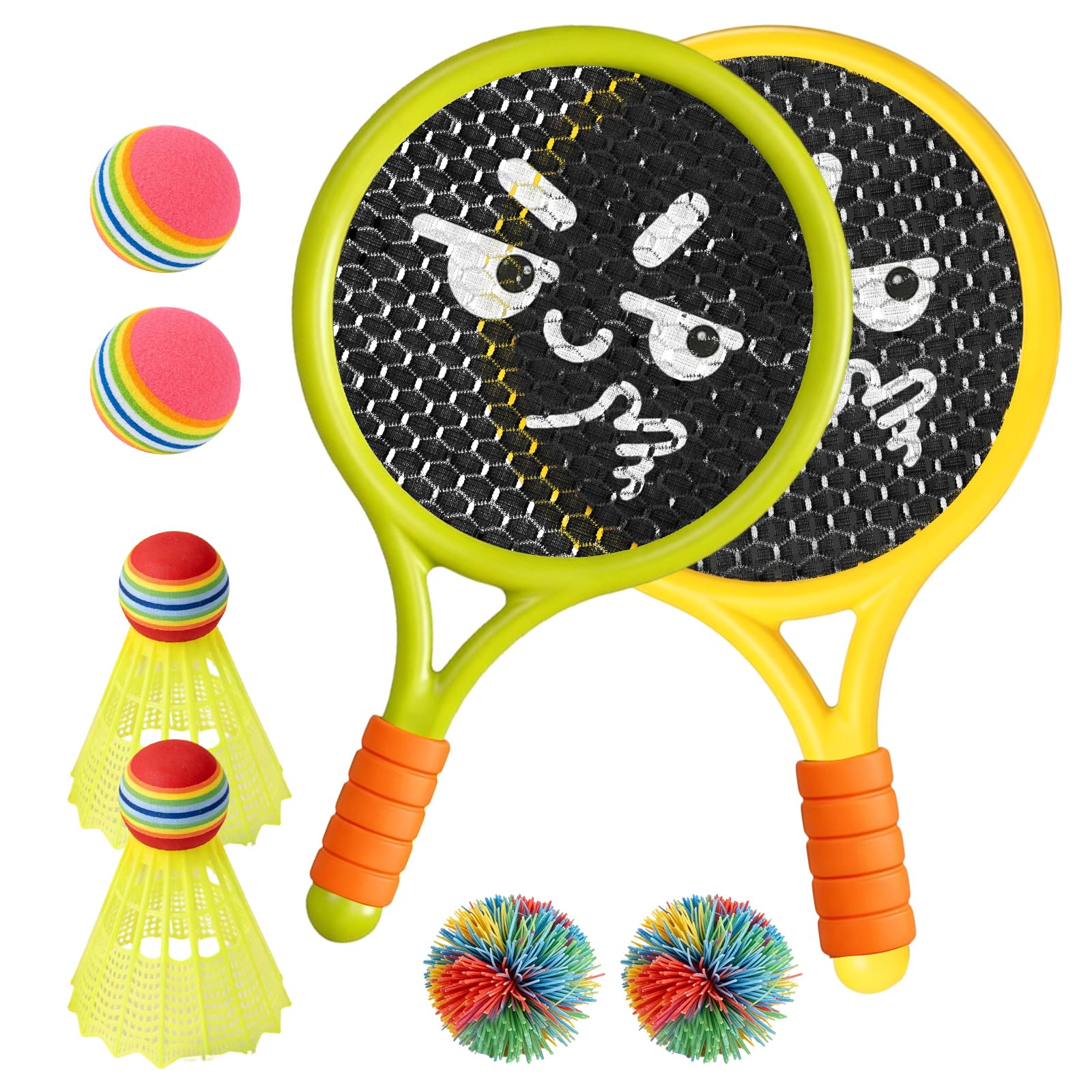 Kinder Schläger Set, Ballspiele für Draußen Kinder, Enthalten 2 Kunststoff-Tennisschläger, 2 Federbälle, 2 Tennisbälle, 2 Gummibälle, für Anfänger, Drinnen Draußen, Fördert die Sportlichen Fähigkeiten