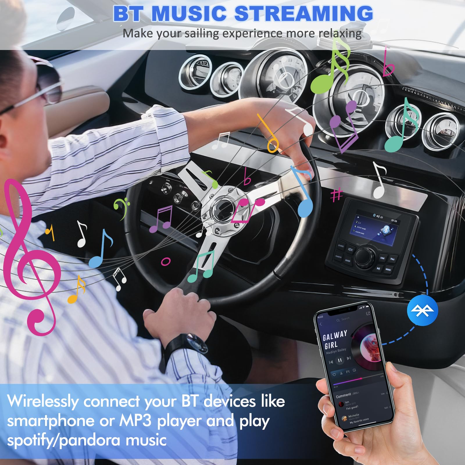 Ricevitore Stereo Marino MP5 - Radio Digitale per Barche con Lettore Multimediale MP5 e IPX6 Impermeabile in BT per Navi e Uso Professionale