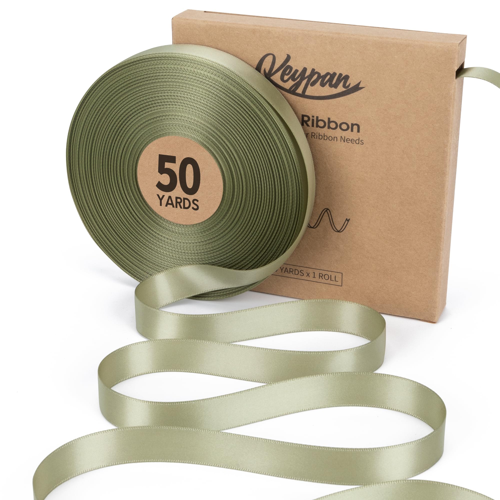 Keypan Sage Green Satin Ribbon 16MM x45.72M Double-Faced Ribbons for Gift Wrapping Crafts Flower Bouquet Hair Wedding Paper Bows Invitations
