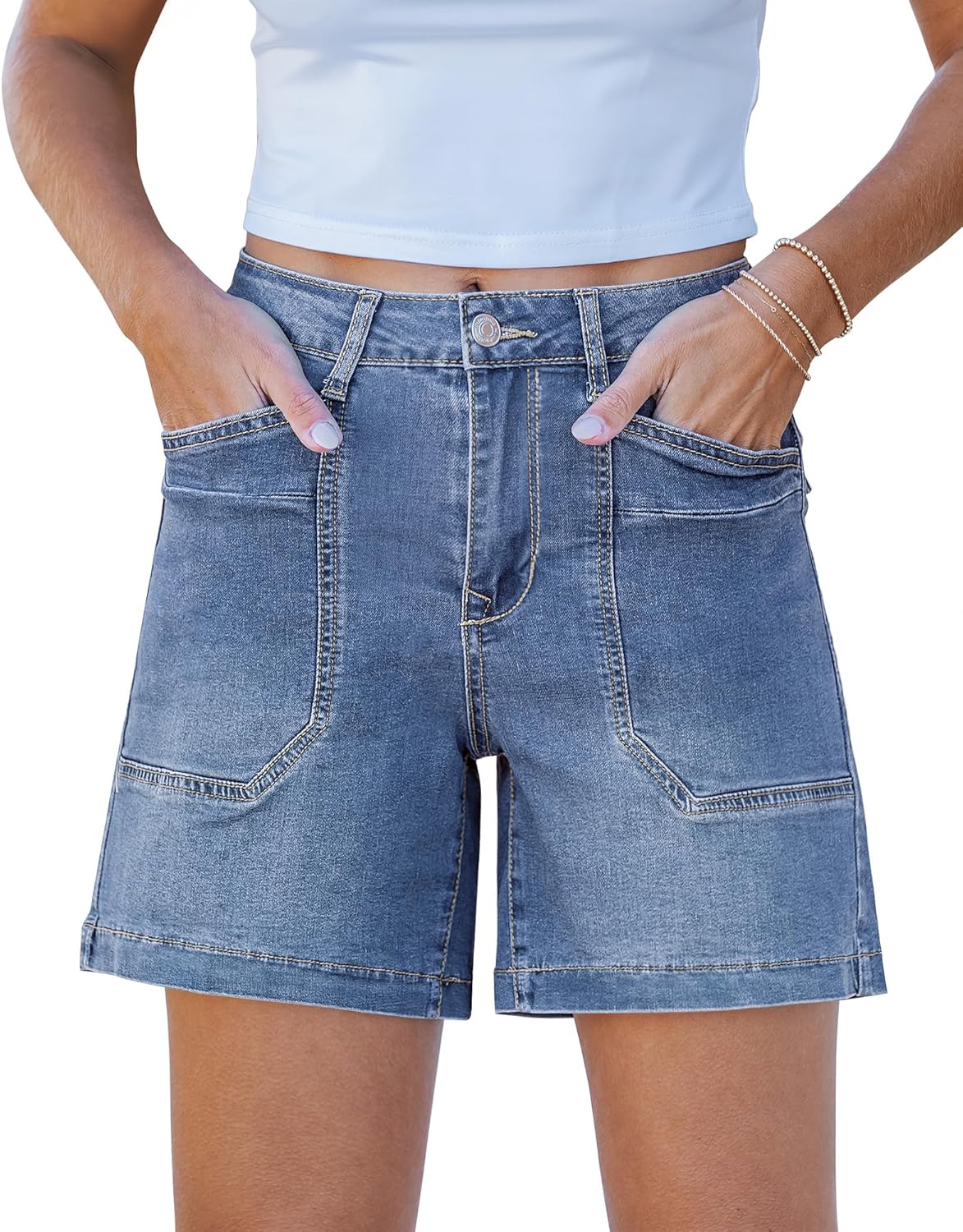 luvamia Jean Shorts for Women Trendy Mid Rise Casual Summer Jorts Distressed Cut Off Stretchy Denim Shorts with Pockets