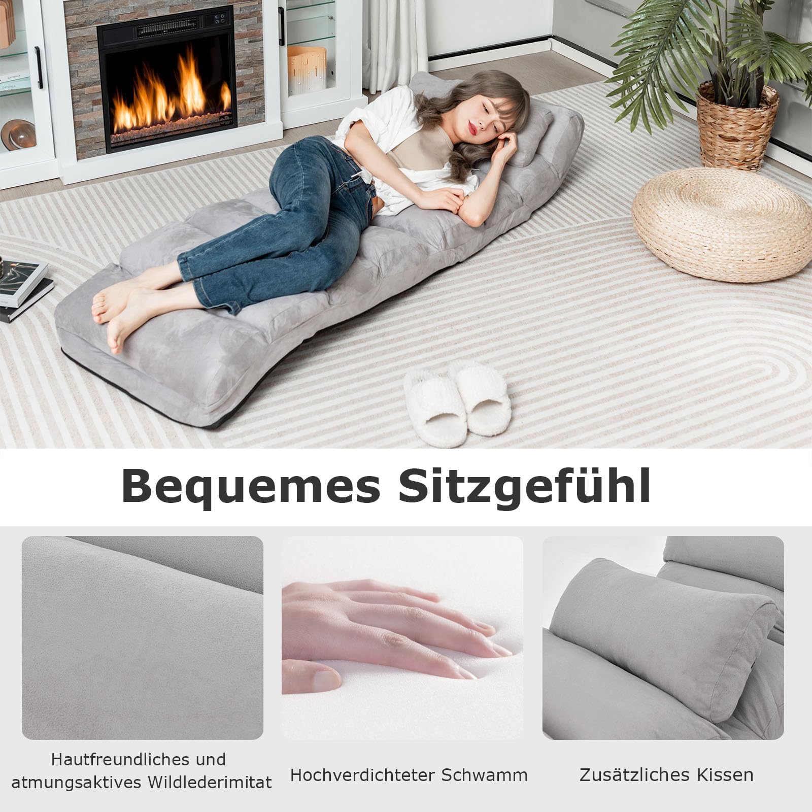 FANTASK Sedia a sdraio pieghevole da pavimento con schienale regolabile, sedia da pavimento con funzione di sonno, divano da pavimento, poltrona da pavimento, per gaming, dormire, lettura, grigio,