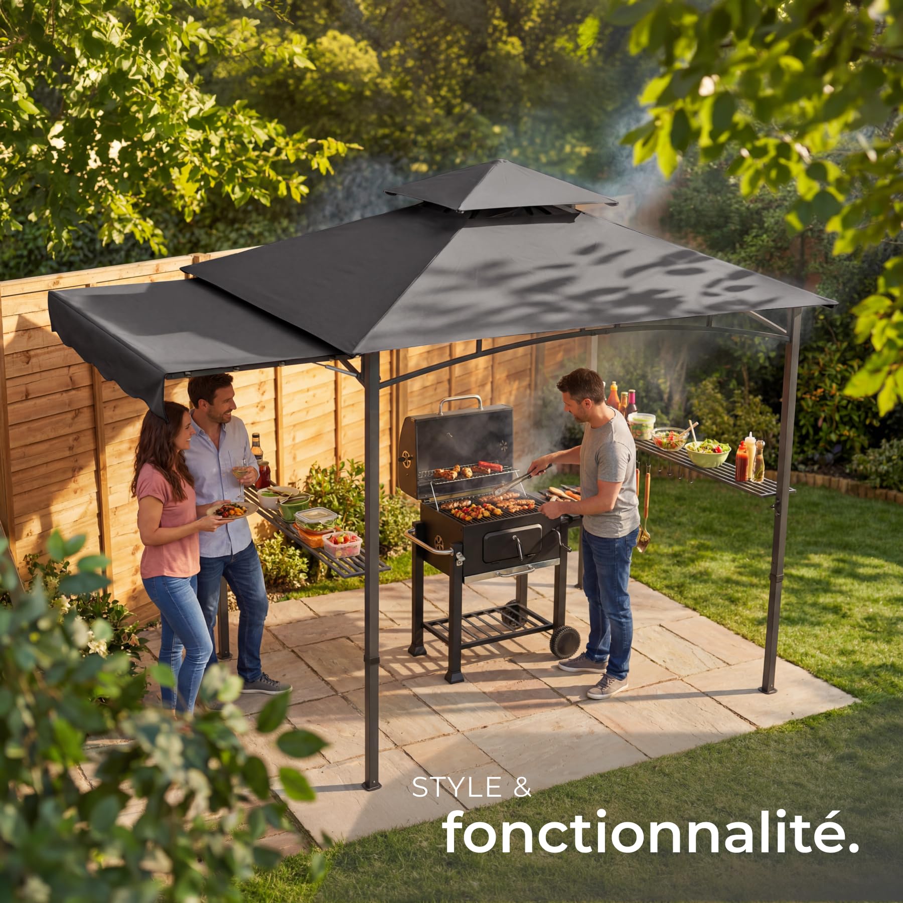 tectake® Abri de Jardin pour Barbecue Charbon, Barbecue Electrique, Plancha, Cuisine exterieure, 316x150x250 cm, Abri Barbecue Toile étanche, Protection UV, Double toiture, Résistant aux intempéries