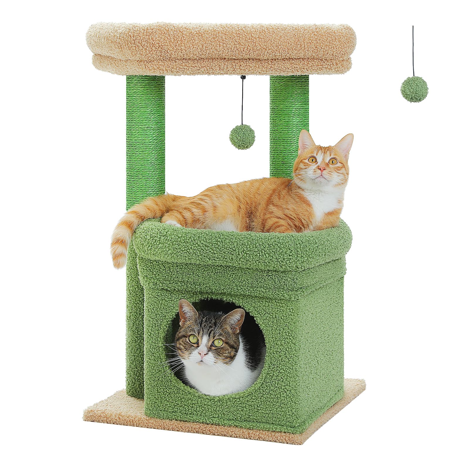 PEQULTI Cat Tree Cactus Cat Tower for Indoor Cats with Private Cozy Cat Condo, Natural Sisal Scratching Posts and Plush Pom-pom for Small Cats Green
