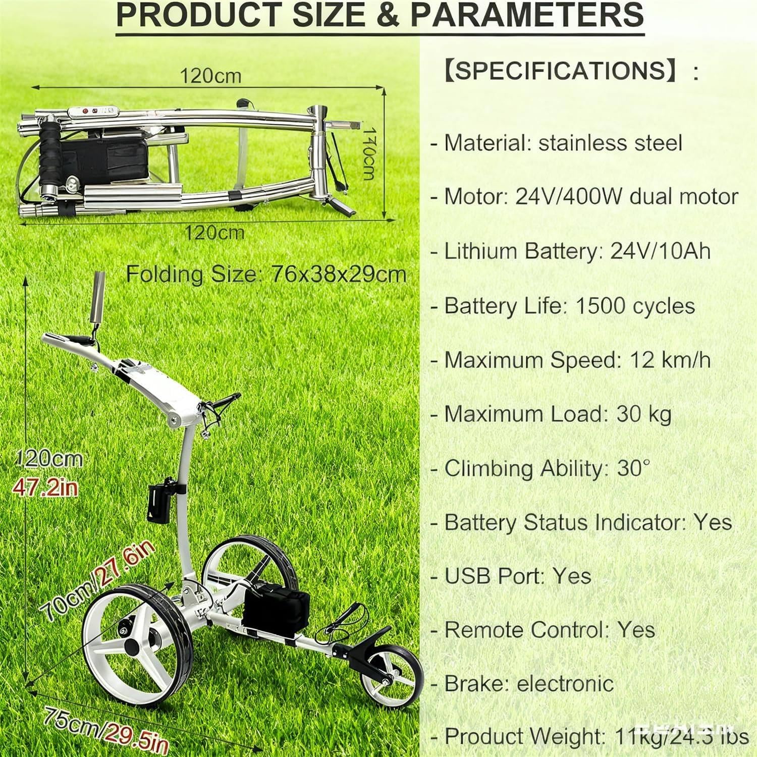 Carrito de golf motorizado con control remoto, carrito eléctrico de 3 ruedas resistente con motor de 400 W, marco de acero resistente, freno de pie, red de malla y soportes