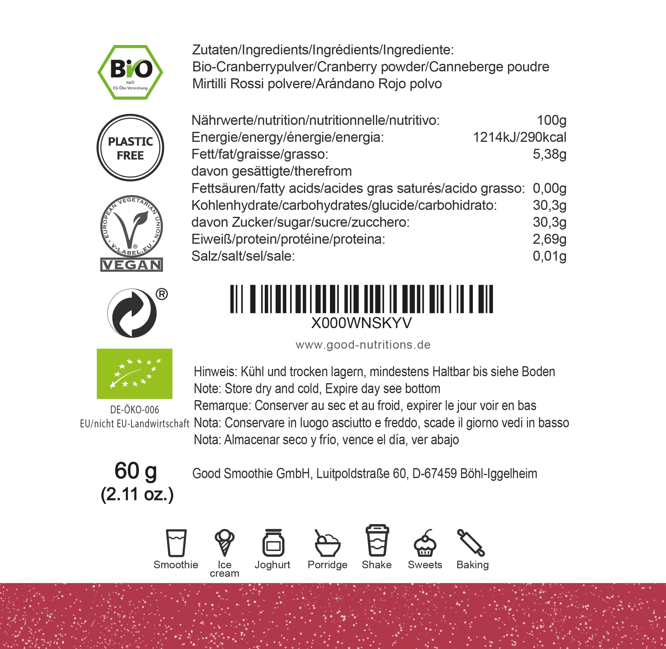 Arándano Rojo en Polvo - Liofilizado|biológico|vegano|crudo|pura fruta|no aditivo|rica en vitamina|Good Nutritions 60g