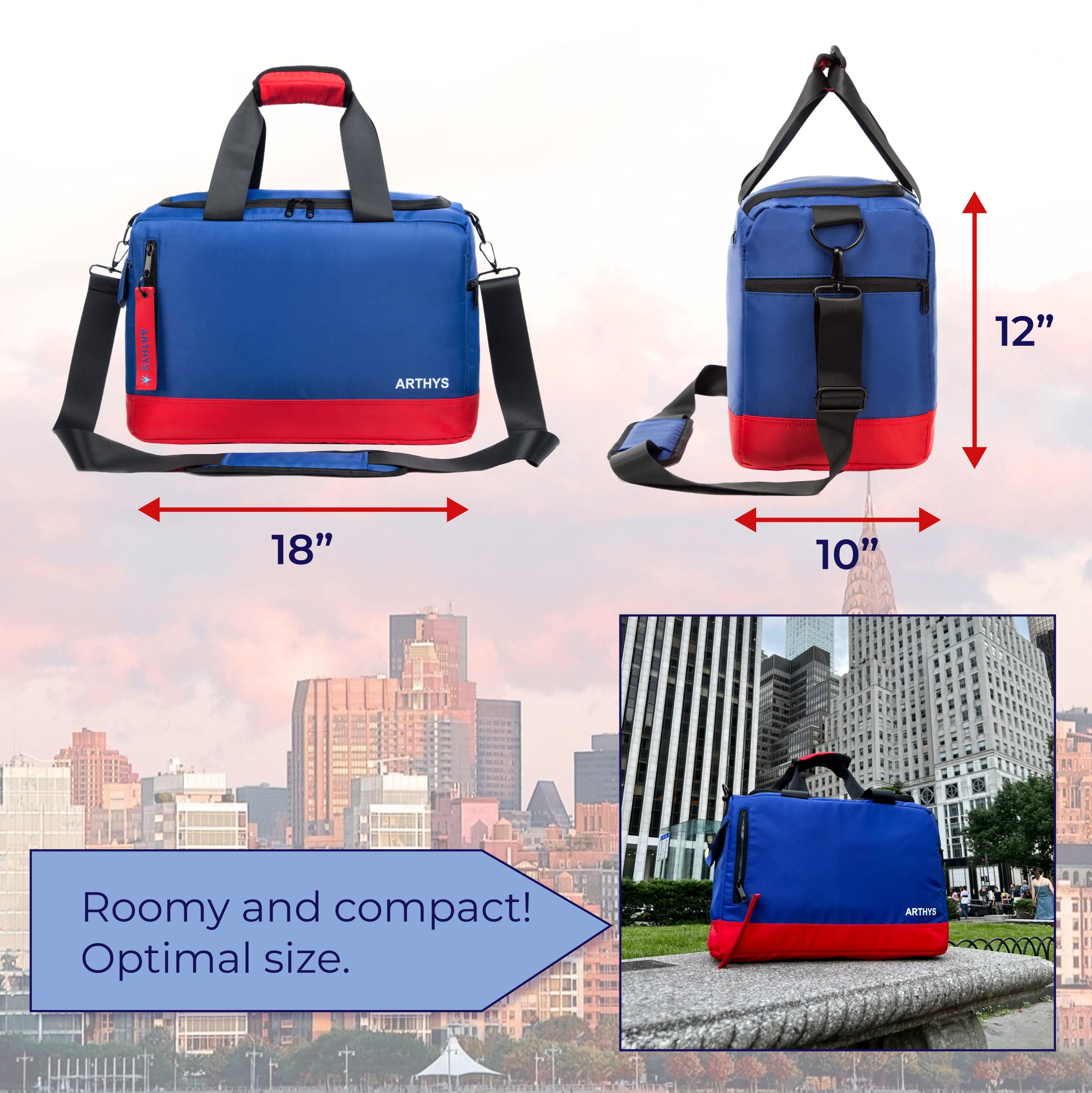 Borsone da viaggio con 3 scomparti regolabili per scarpe da ginnastica, allenamento sportivo e weekender, TSA, da uomo, Blu-Rosso, Medium
