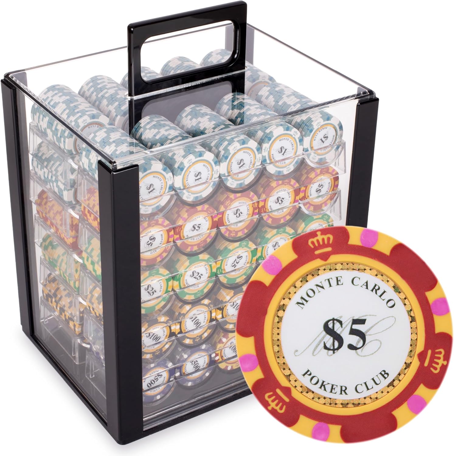 1000-piece Aluminum Monte Carlo Poker Chip Case - 13.5-gram Heavy Clay Composite Set - Casino Chips for Texas Holdem, Blackjack - Betting Game Accessories