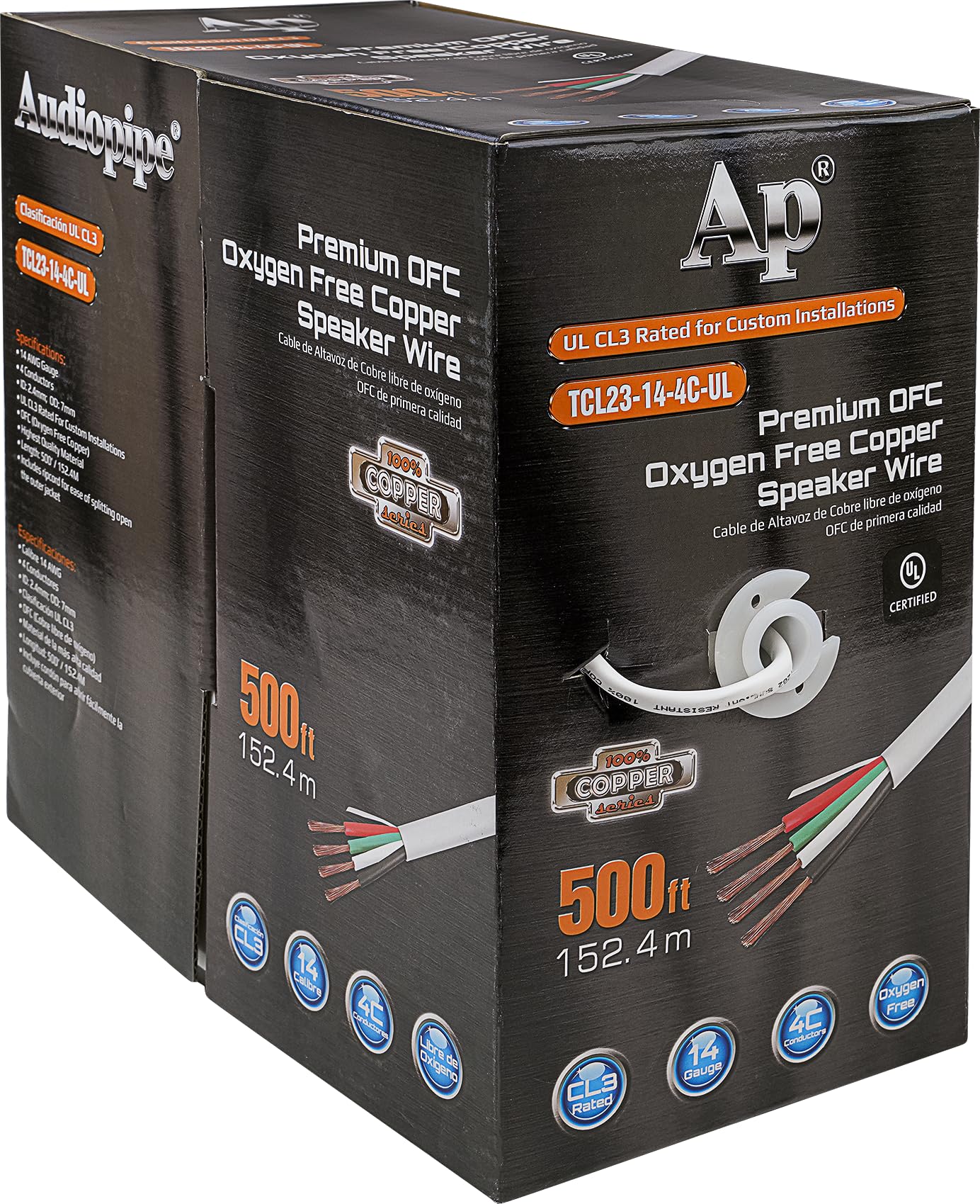 Audiopipe Premium 14 Gauge Advanced Oxygen Free Copper (OFC) Speaker Wire (TCL23-14-4C-UL), 500 Ft, Ripcord, UL CL3 Rated, PVC Jackets, 4 Conductors