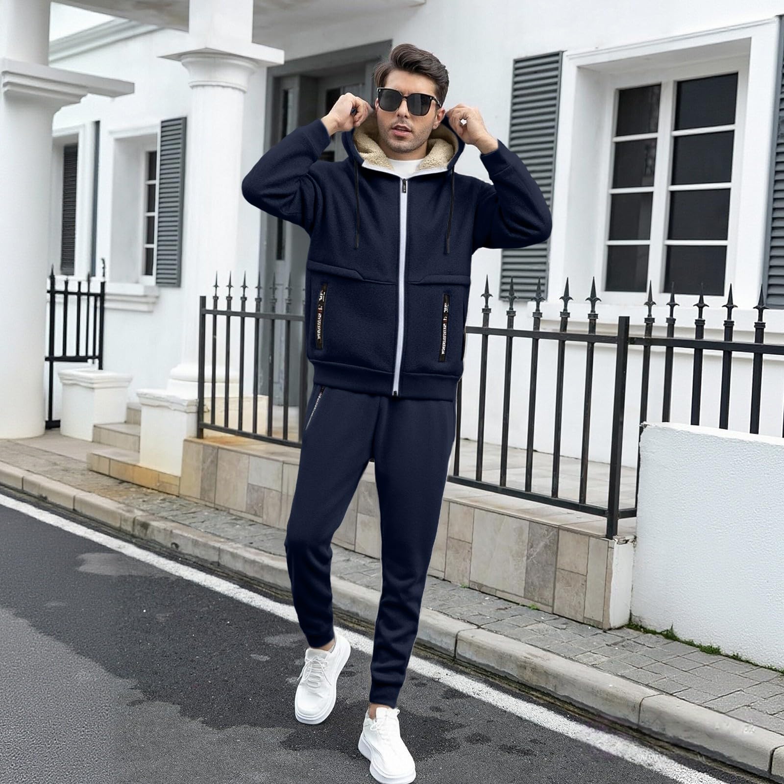Coord Set di pantaloni da tuta da uomo in pile con tasche con cerniera