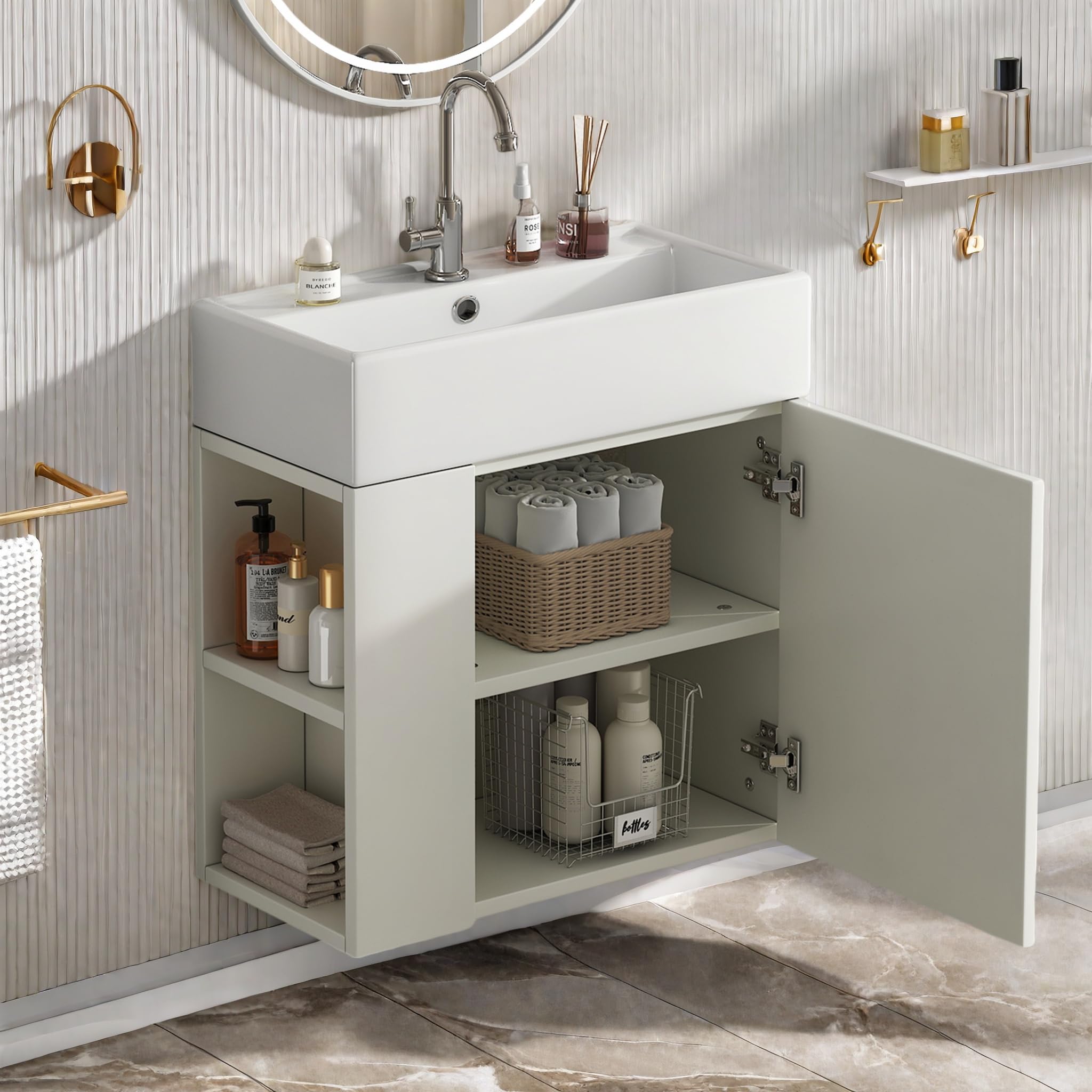 Mobile da bagno sospeso da 55 cm, con lavello in ceramica, moderno mobile da parete con anta scanalata e ripiano aperto, per casa, bagno, piccolo spazio, senza rubinetto (bianco)