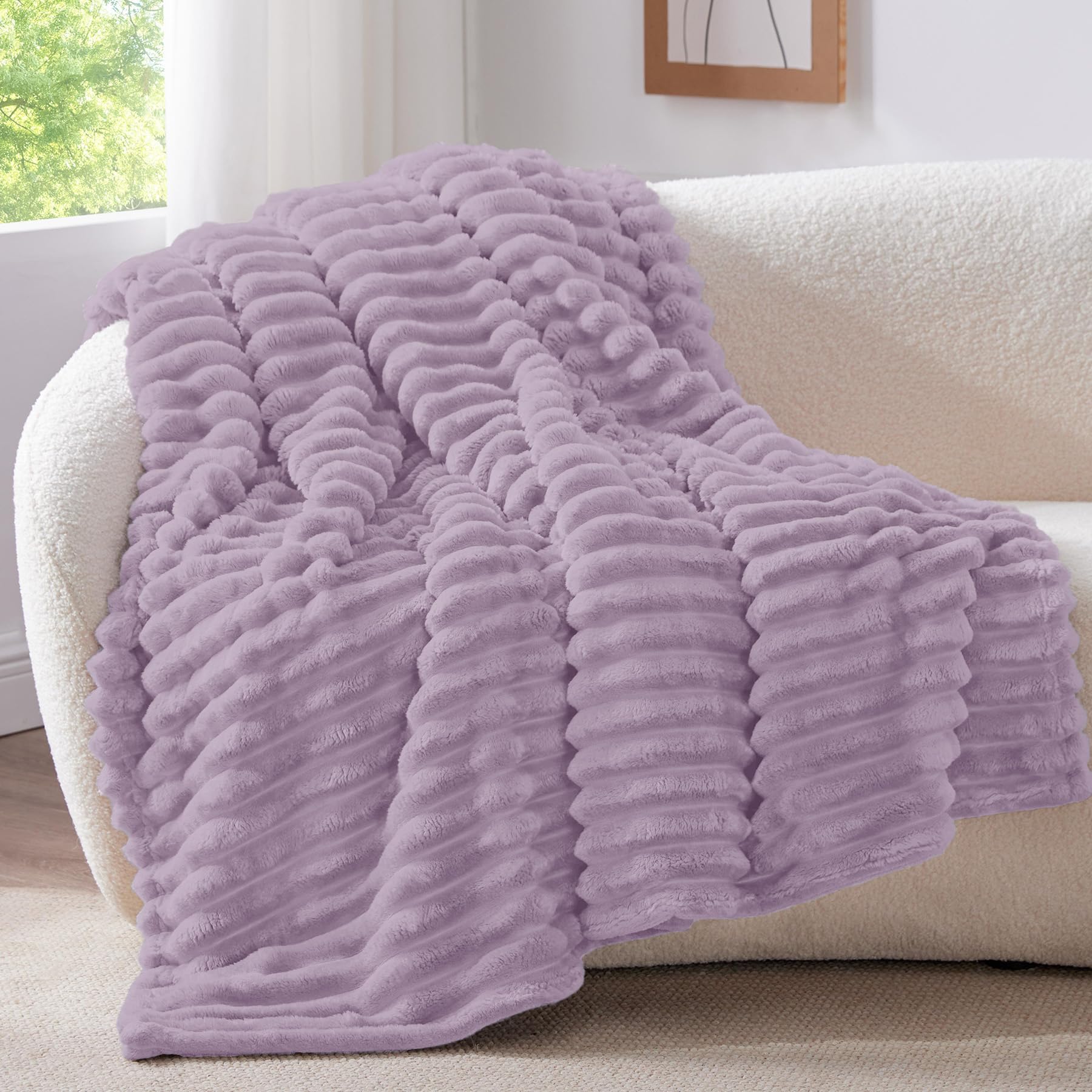 BEDELITE Fluffy Fleece Throw Blanket, Striped Decorative Soft Warm Gift for Sofa Bed Couch, Twin Size, Lilac