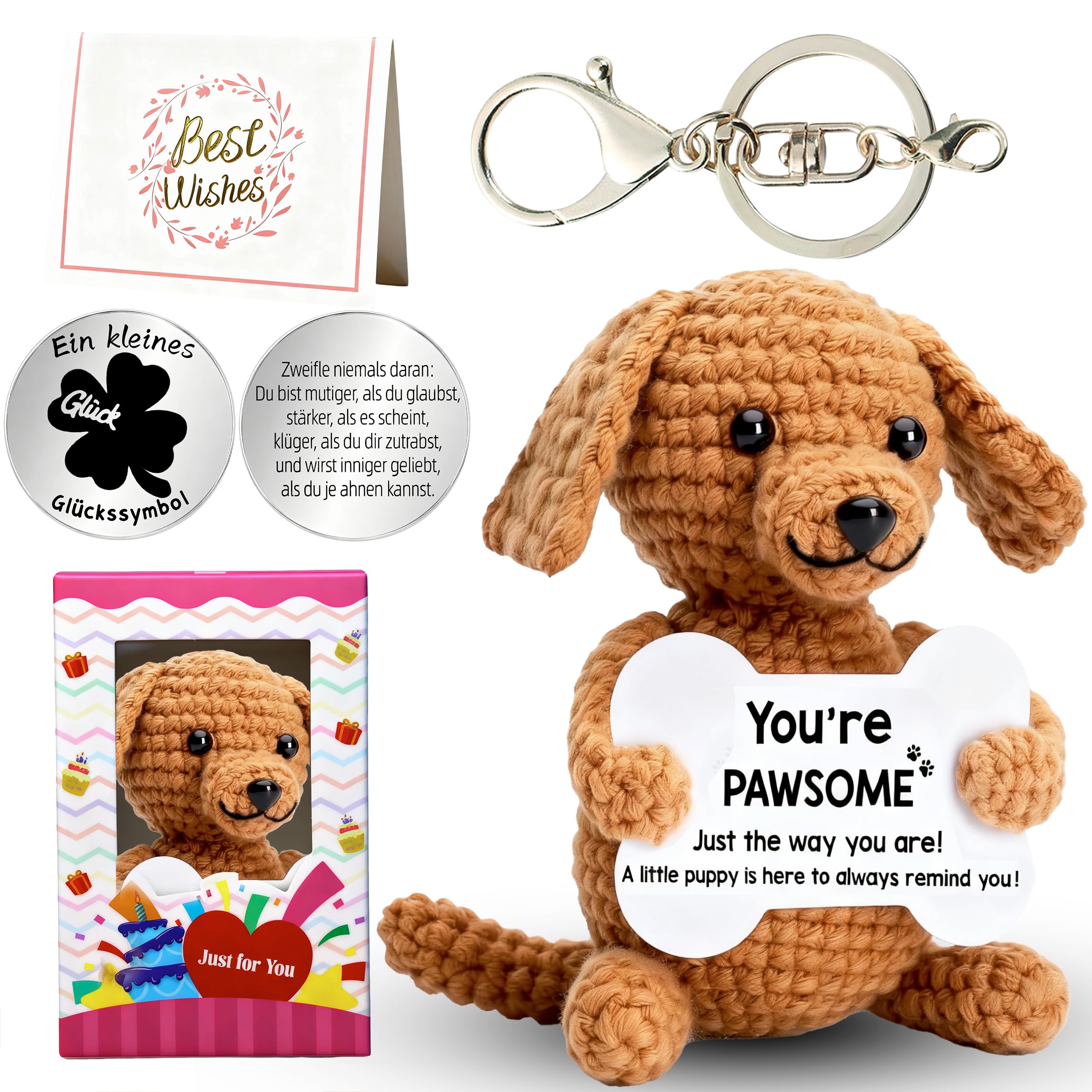 MLZTINGR Handgehäkelter Hund Klein & Niedlich, Lustiges Haustier Motivationsgeschenk mit Positiver Energie, Gemütliche Schreibtischdekoration Geschenk für Frauen Männer