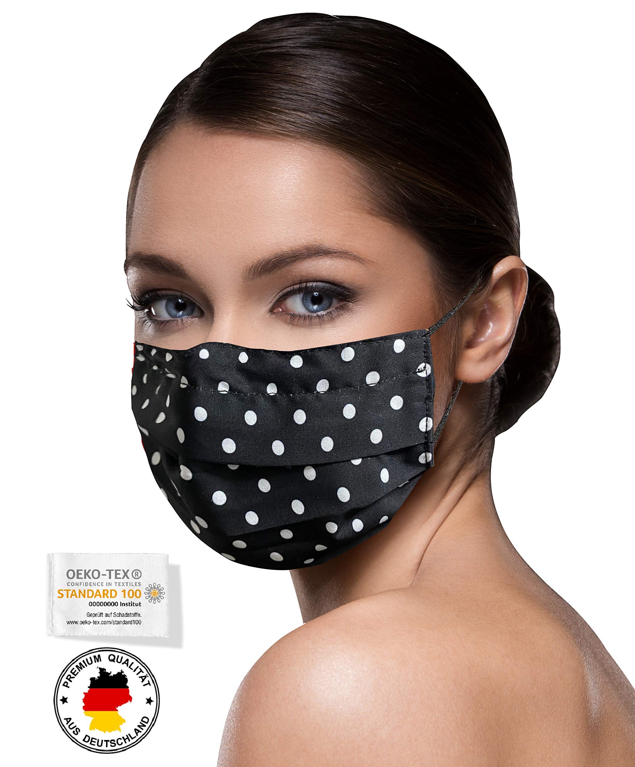 10x Set Unisex schwarze Stoffmasken Mundschutz Maske Mund Nasen Schutzmaske schwarze Mund und Nasenschutz Maske waschbar m. NASENBÜGEL SCHWARZ weiß gepunktet
