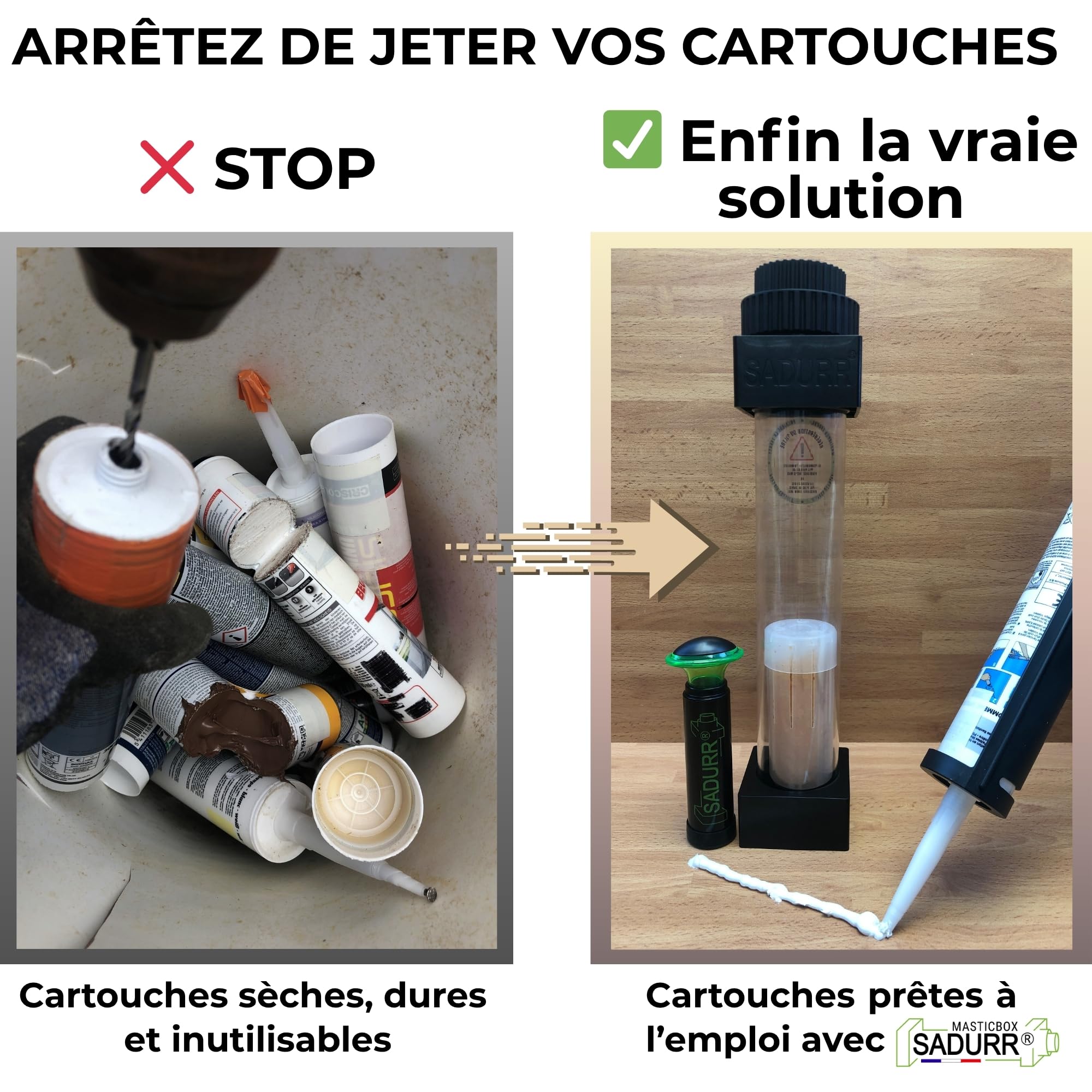 Masticbox SADURR® QUATTRO – Conservation des cartouches de silicone, mastic et colle entamées – Évite le durcissement prématuré et le gaspillage – Jusqu'à 4 cartouches | Conservation longue durée des cartouches entamées mastic - colle - silicone