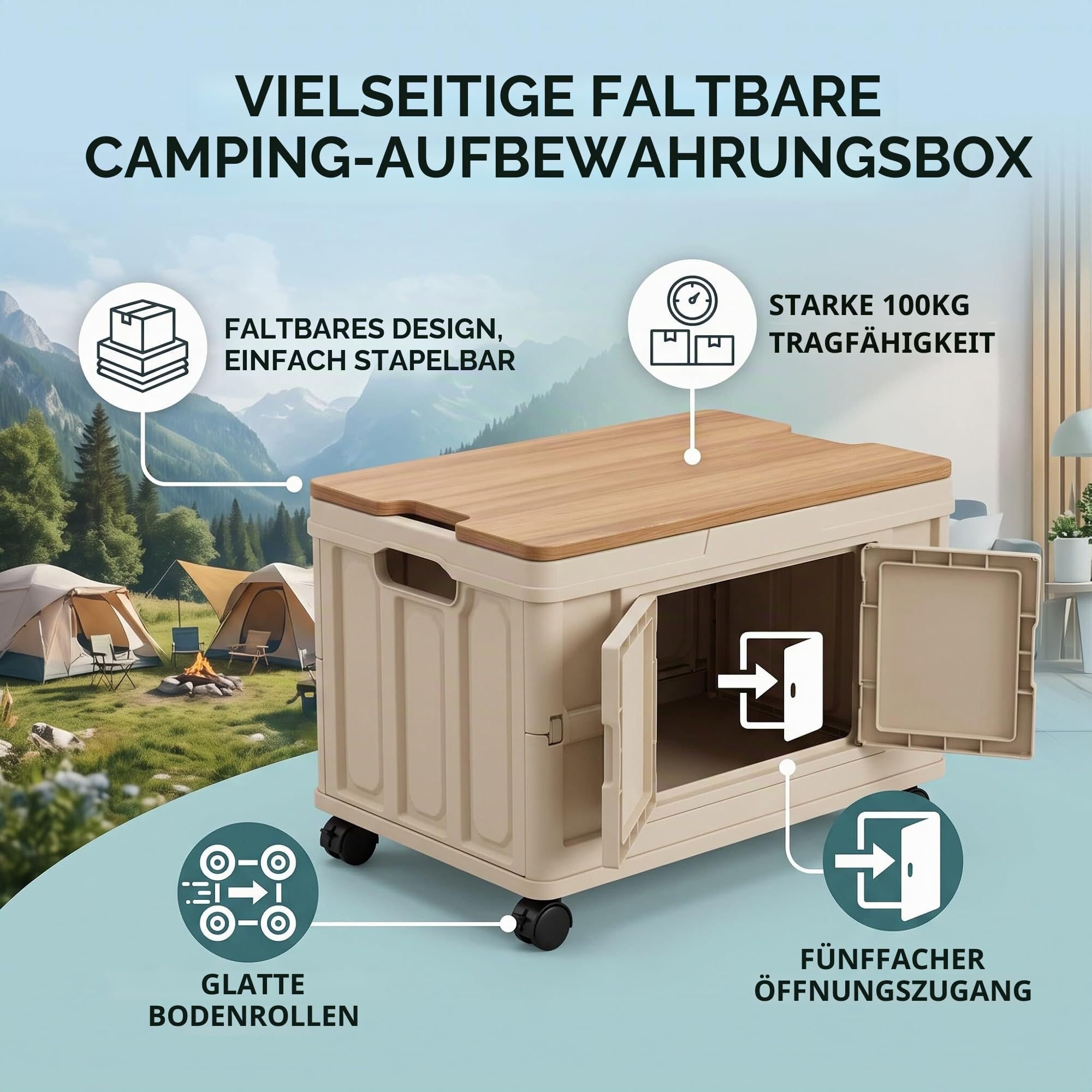 Ejoyous Aufbewahrungsbox mit Deckel, 50L, Grau-weiß, Faltbare Campingbox mit 5 Rollen für Auto Kofferraum