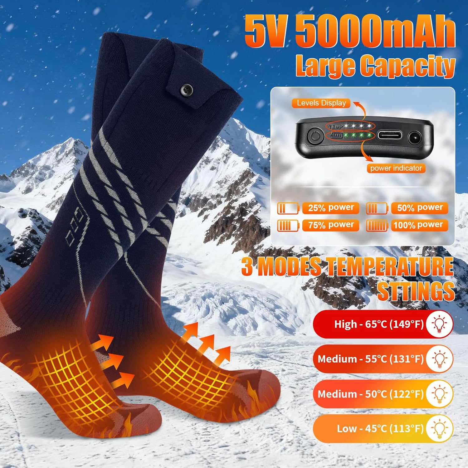 Heated Socks for Men Women, 5000mAh*2 Battery Upgraded Rechargeable Electric Heated Socks with 4 Heating Levels for Hunting, Camping, Hiking, Fishing, Outdoor Activities