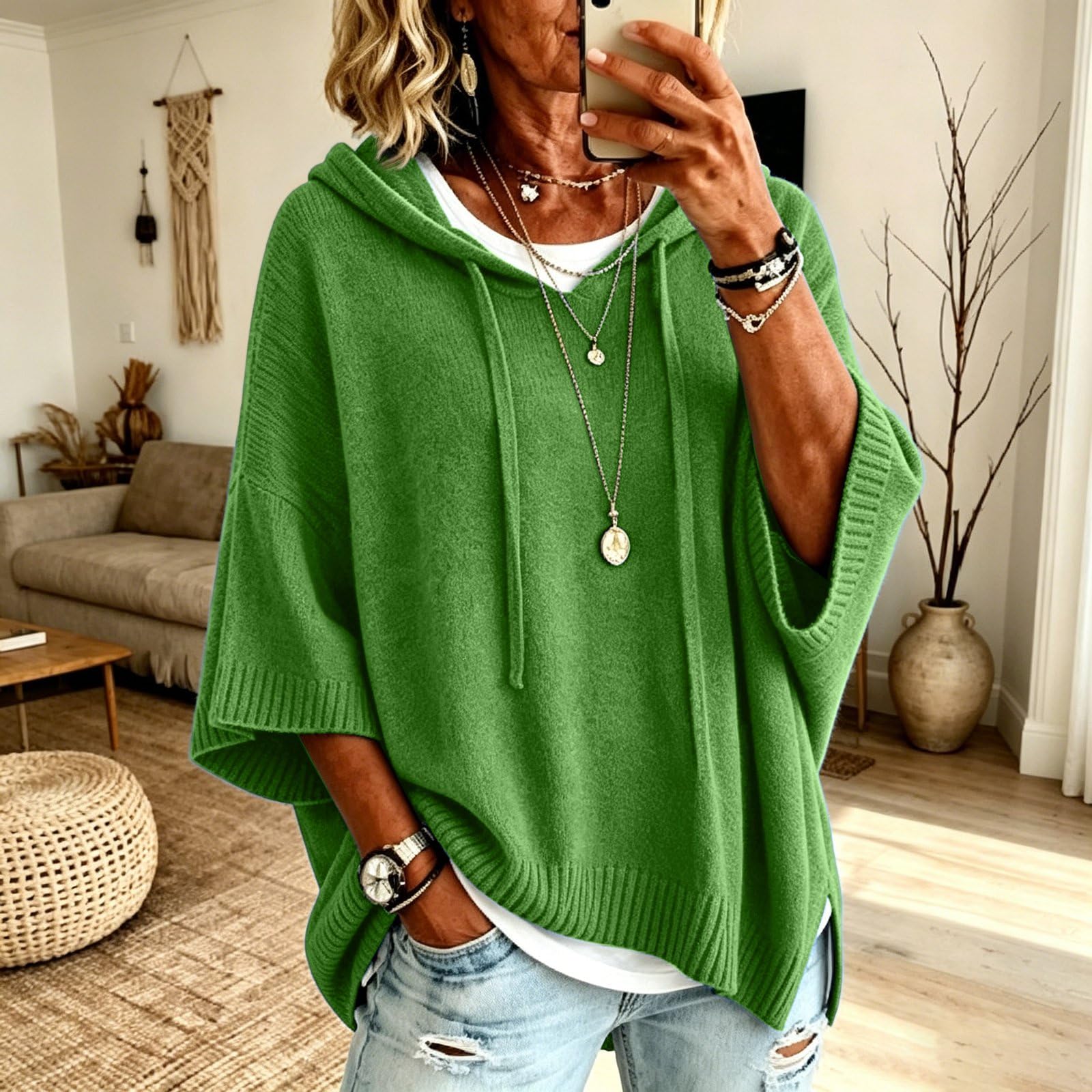 Strickpullover Damen 3/4 Arm Elegant Weichem Herbst Oversize Hoodie