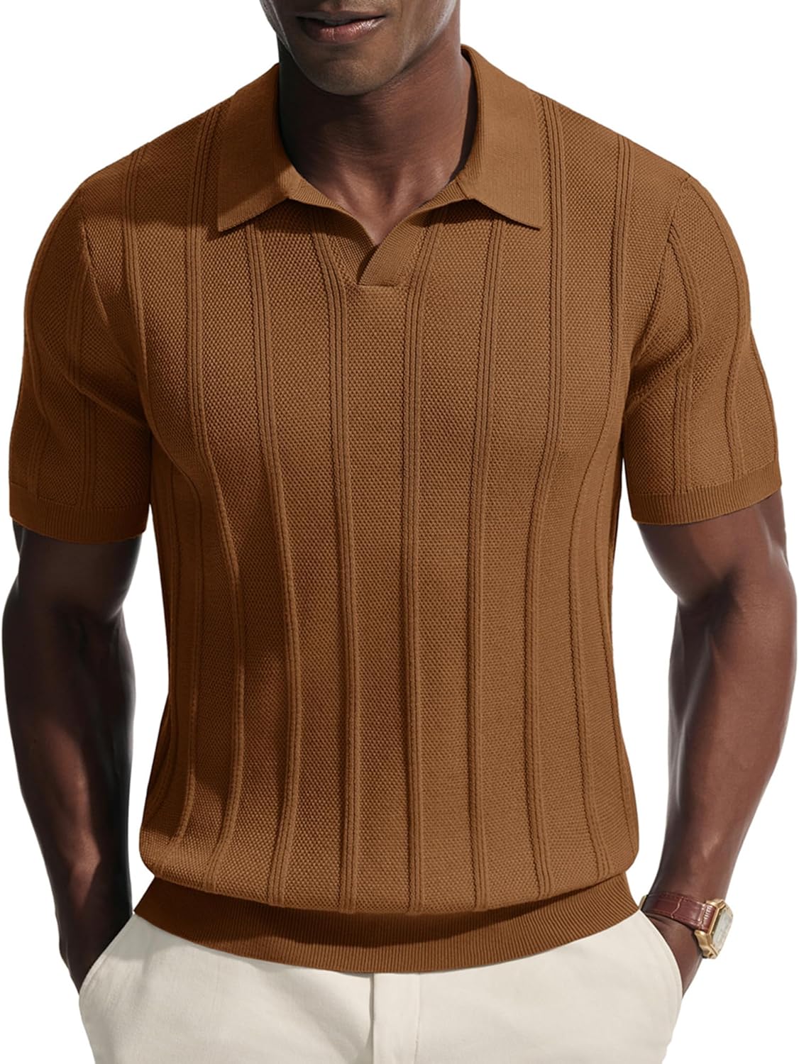 PJ PAUL JONES Mens Knit Polo Shirts V Neck Short Sleeve Casual Stylish Golf Shirt