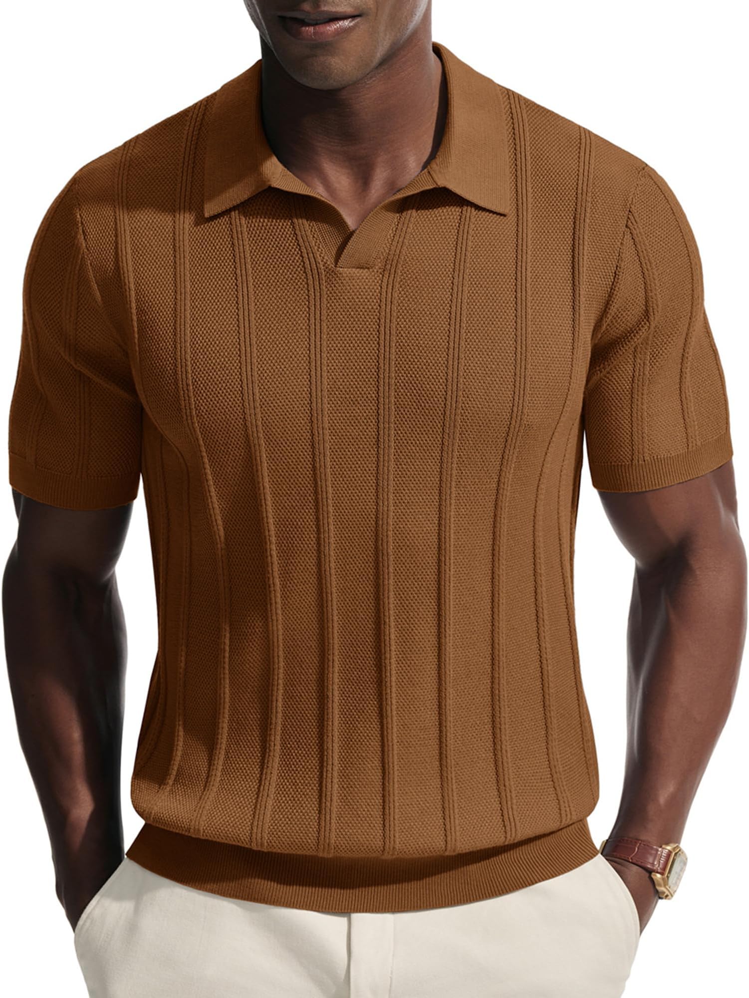 - Mens Knit Polo Shirts V Neck Short Sleeve Casual Stylish Golf Shirt
