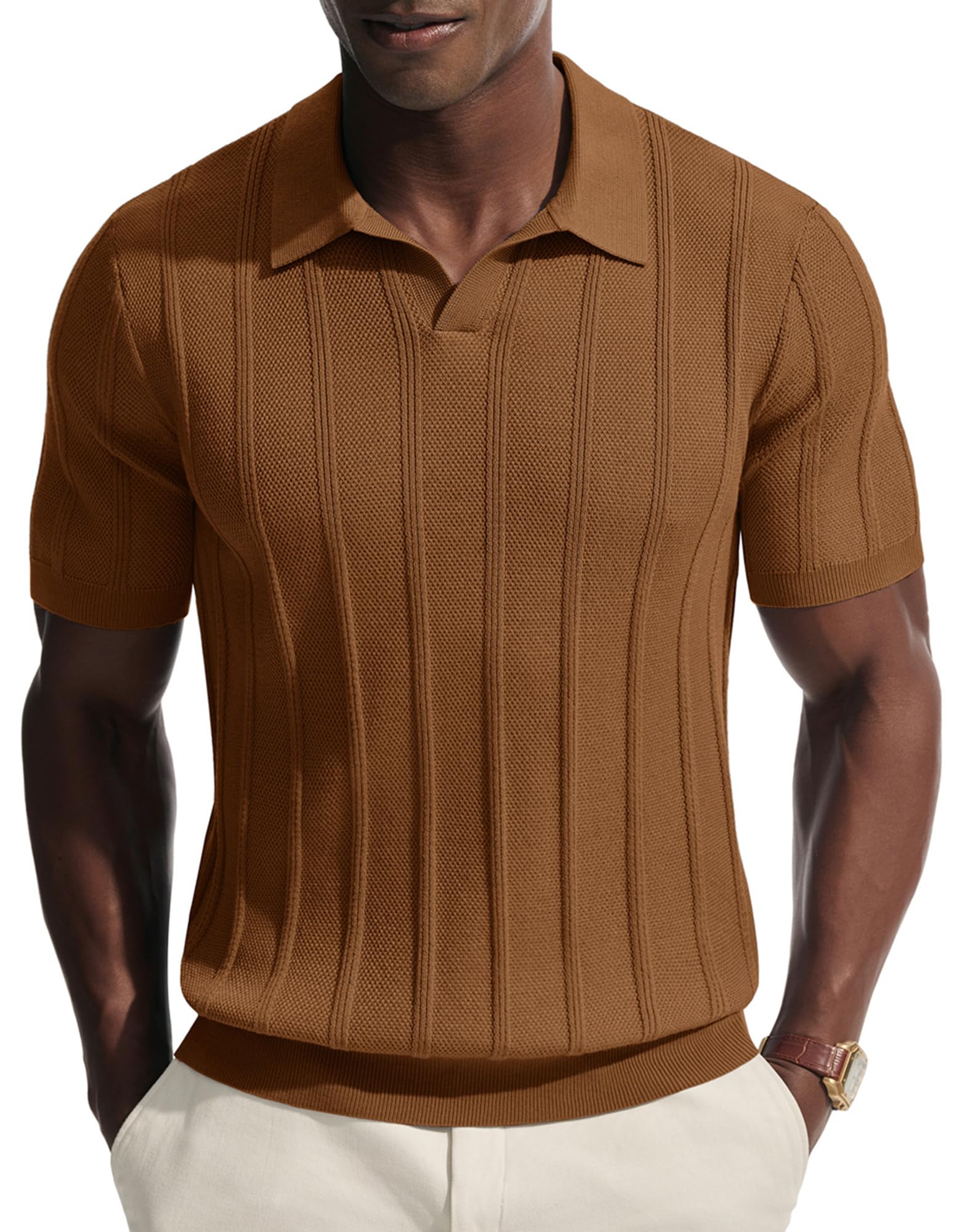 - Mens Knit Polo Shirts V Neck Short Sleeve Casual Stylish Golf Shirt