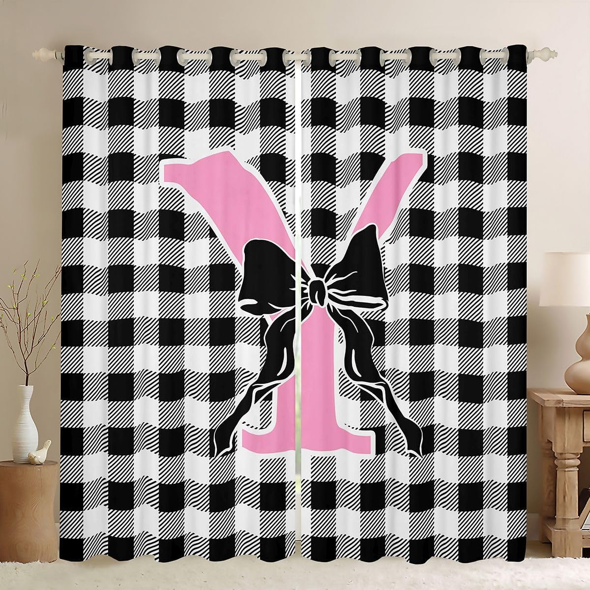 Feelyou Black Pink Bow Curtains for Bedroom Living Room Personalized Letter Y Blackout Darkening Drapes Cute Plaid Checkered Window Treatments, 2 Panels 52 x 63 Inch Dreamy Geometric Room Decor