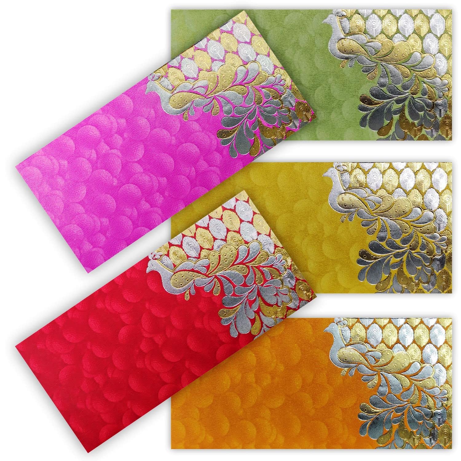 PARTH IMPEX Premium Shagun Gift Envelope for Cash (Pack of 50) 7.5" x 3.5" Peacock Feather Gold Silver Foil Stamping Assorted Color Money Holder Card for Christmas Diwali Birthday Wedding Graduation