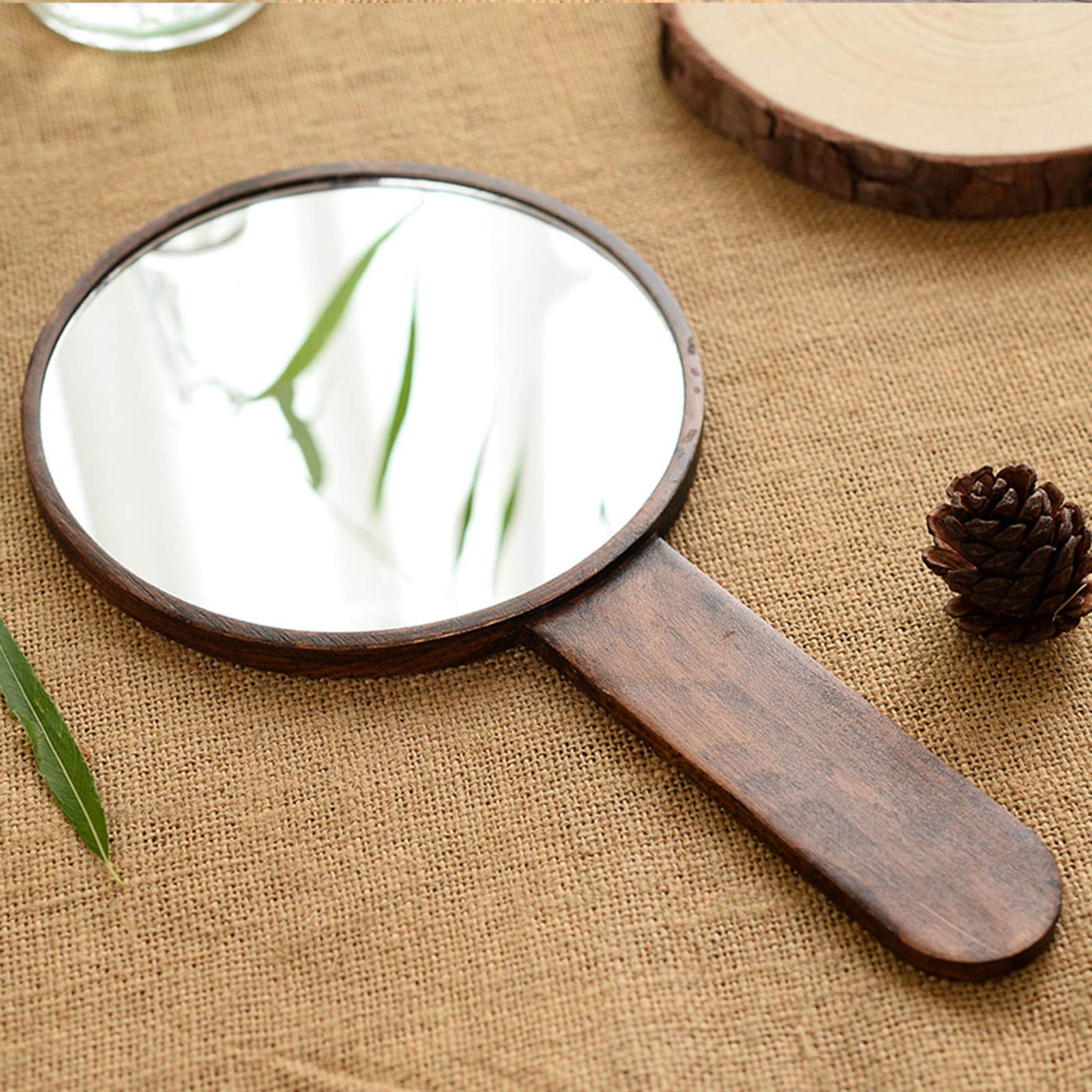 Teepro Handheld Mirror with Handle, Hand Held HD Mirror Wooden Frame, Salon Hairdresser Plain Mirror Retro Style, Cosmetic Salon Makeup Hand Mirror for Professional Barbers,A