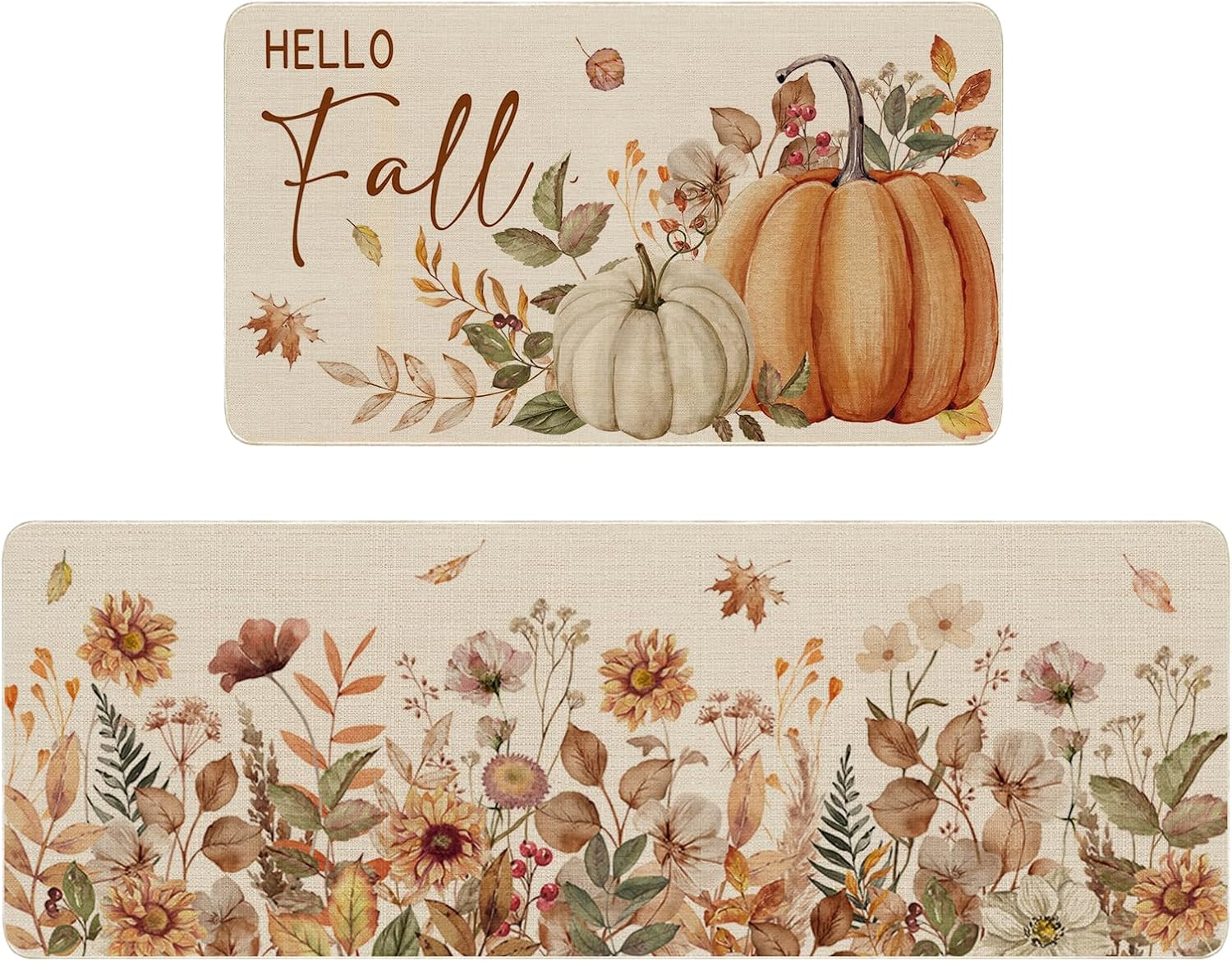 Fall Floral Kitchen Mats Set of 2 Autumn Flowers Pumpkin Kitchen Rug for Fall Home Decor Washable Anti-Slip Kitchen Mats for Autumn Kitchen Decor Floor Rug Doormat 17x29 and 17x47 Inch
