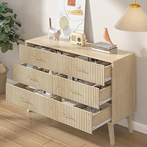 Miniatura 6 de Cómoda Accent de 6 cajones, cómoda moderna con panel estriado, sala de estar, dormitorio, cuarto de bebé, entrada y pasillo (roble)