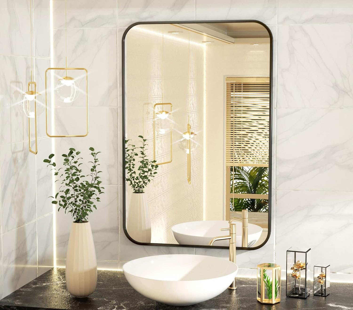 HARRITPURE Rounded Bathroom Mirror 20“ x 28” Rectangular Wall Mirror Aluminum Alloy Frame Contemporary Hanging Mirror for Living Room Bedroom Bathroom Entryway, Black