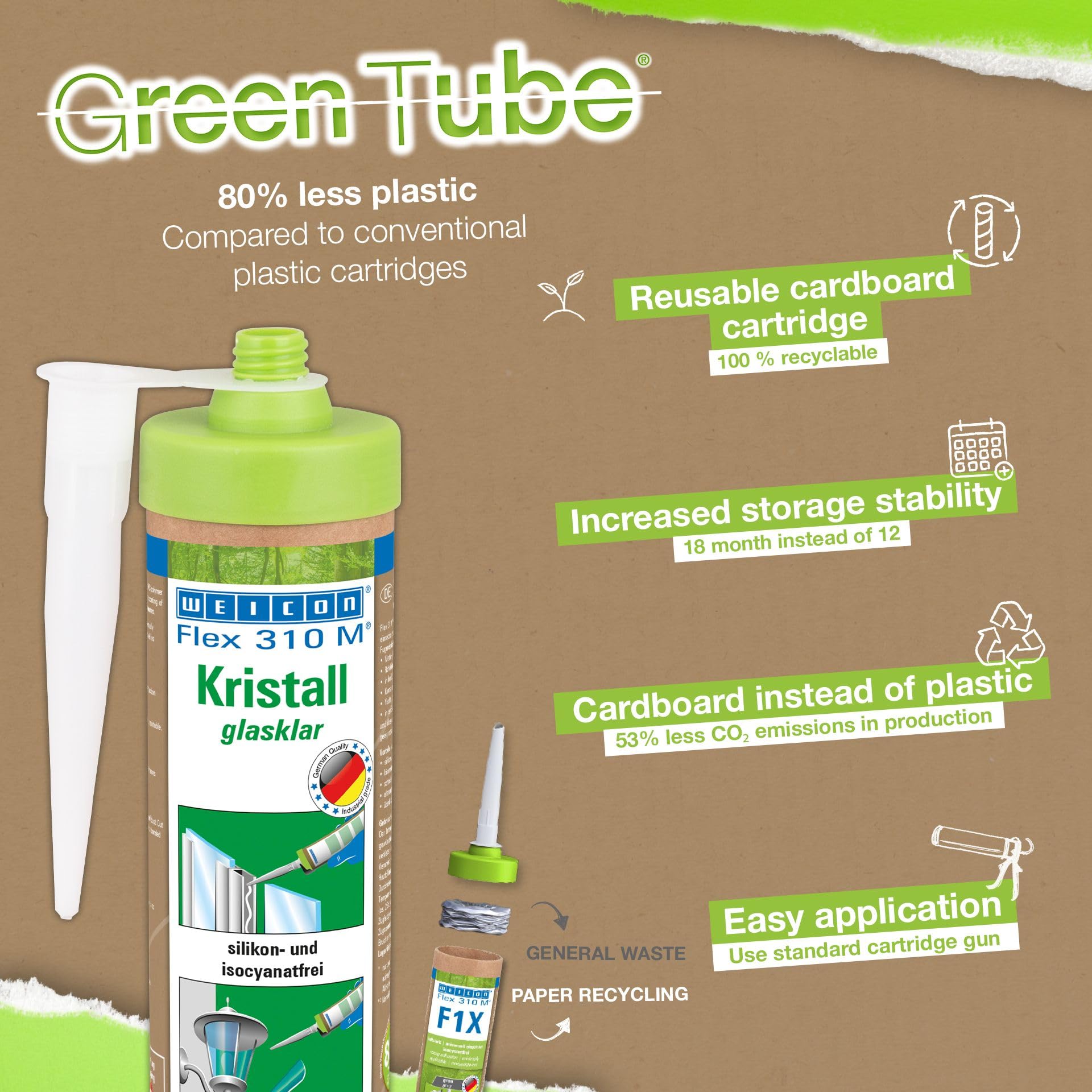 WEICON Green Tube Flex 310 M Kristall 280 ml, elastyczny, mocny klej i uszczelniacz na bazie polimeru MS, kartonowy wkład wielokrotnego użytku, zestaw 3 x 280 ml, kolor: bezbarwny (kryształ)