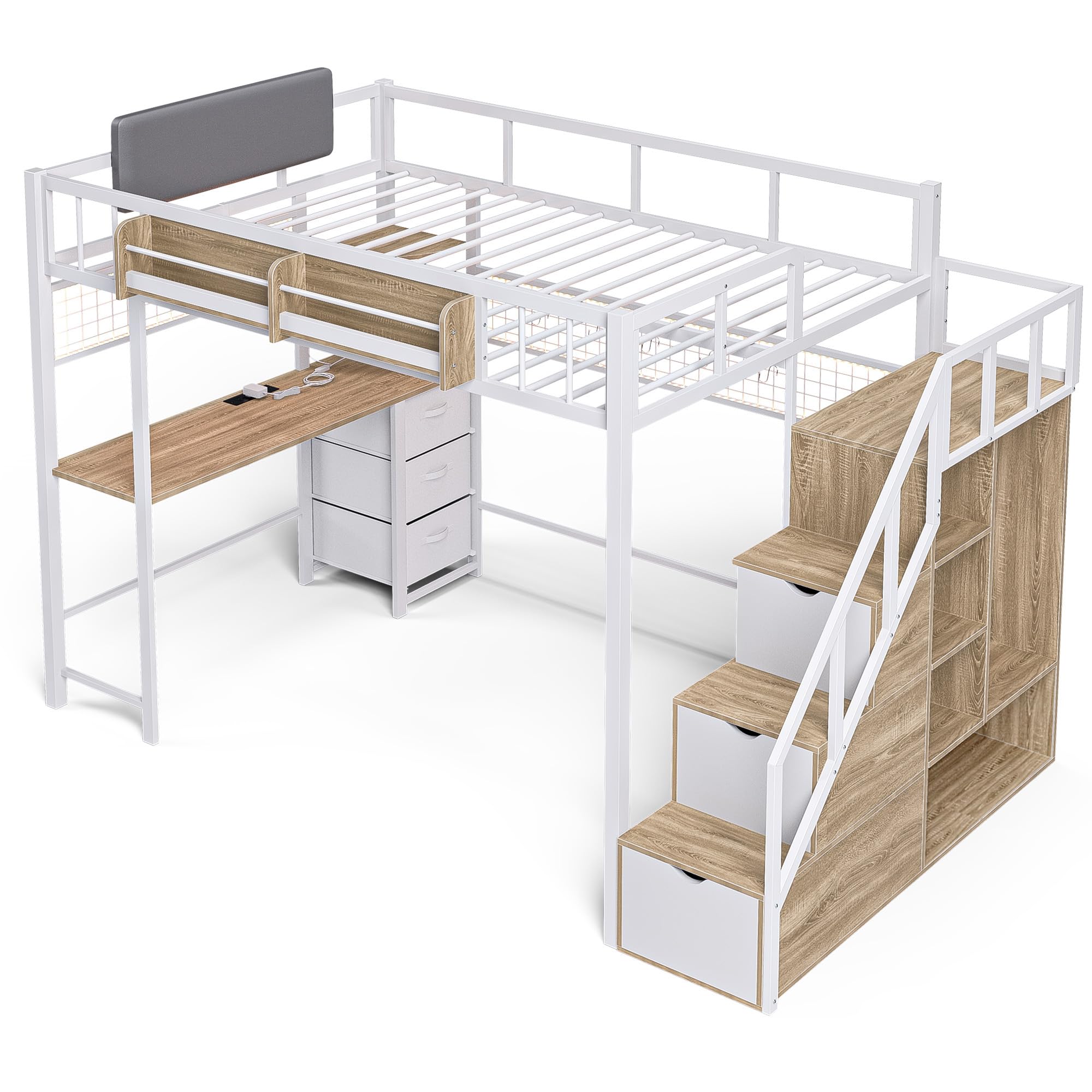 advwin Full Size Loft Bed with Desk and Stairs