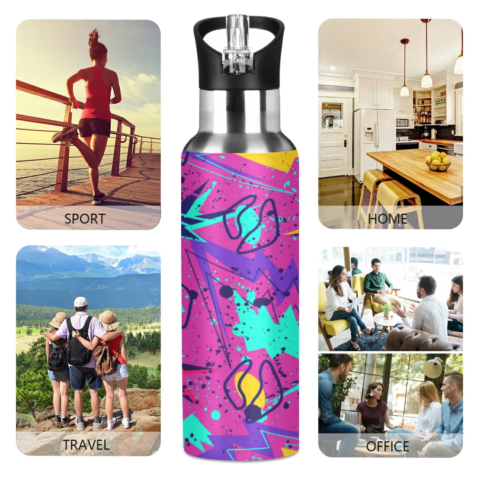 Mnsruu Trinkflasche 600ml Mit Musiknote-Design – Isolierflasche Aus Edelstahl 18/8, BPA-frei & Mit Strohhalm Für Sport, Schule, Wandern