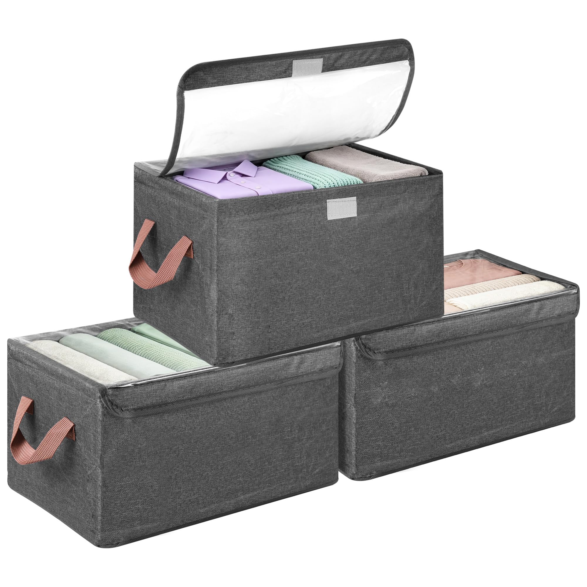 Zocipro 3 Pack 23L Wardrobe Clothes Organiser, 40 x 27 x 21 cm Stackable Wardrobe Storage Boxes, Foldable Closet Organizer with Steel Frame Support, Clear Lid, Storage Box for Bedding, Jeans,T-Shirts