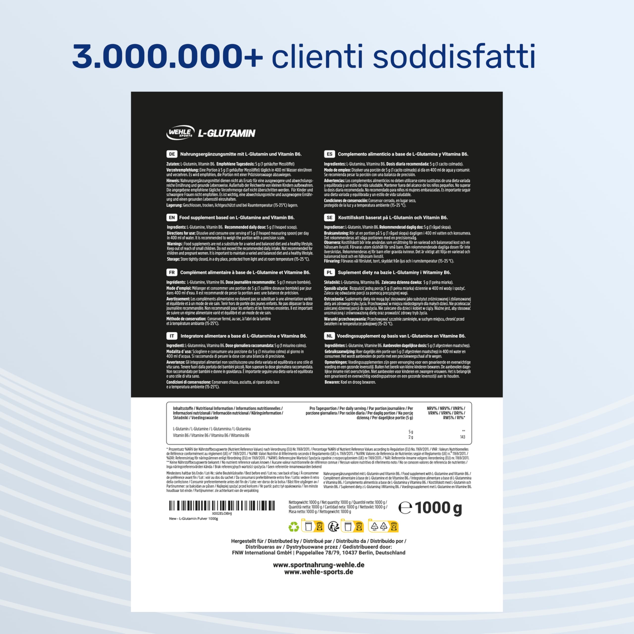 Glutammina in Polvere - 1 KG - 200 Porzioni - L-Glutammina Extra Pura con Vitamina B6 - Vegana e Prodotta in Germania - Glutamina Polvere