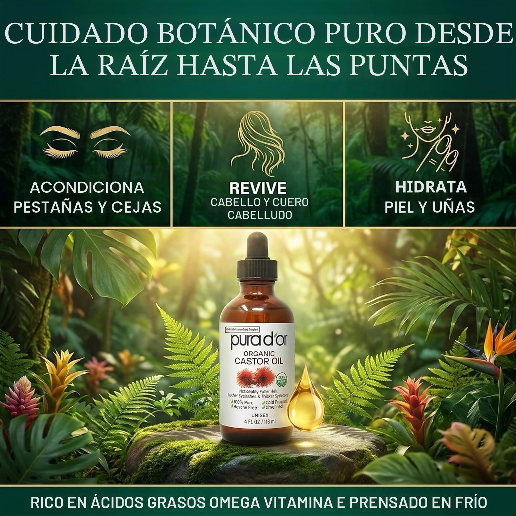 Pura D'Or Aceite de ricino (118 ml) 100% puro todo el aceite natural para el crecimiento del cabello,las pestañas de aceite prensado en frío hexano gratuito para hidratar y curar la piel seca