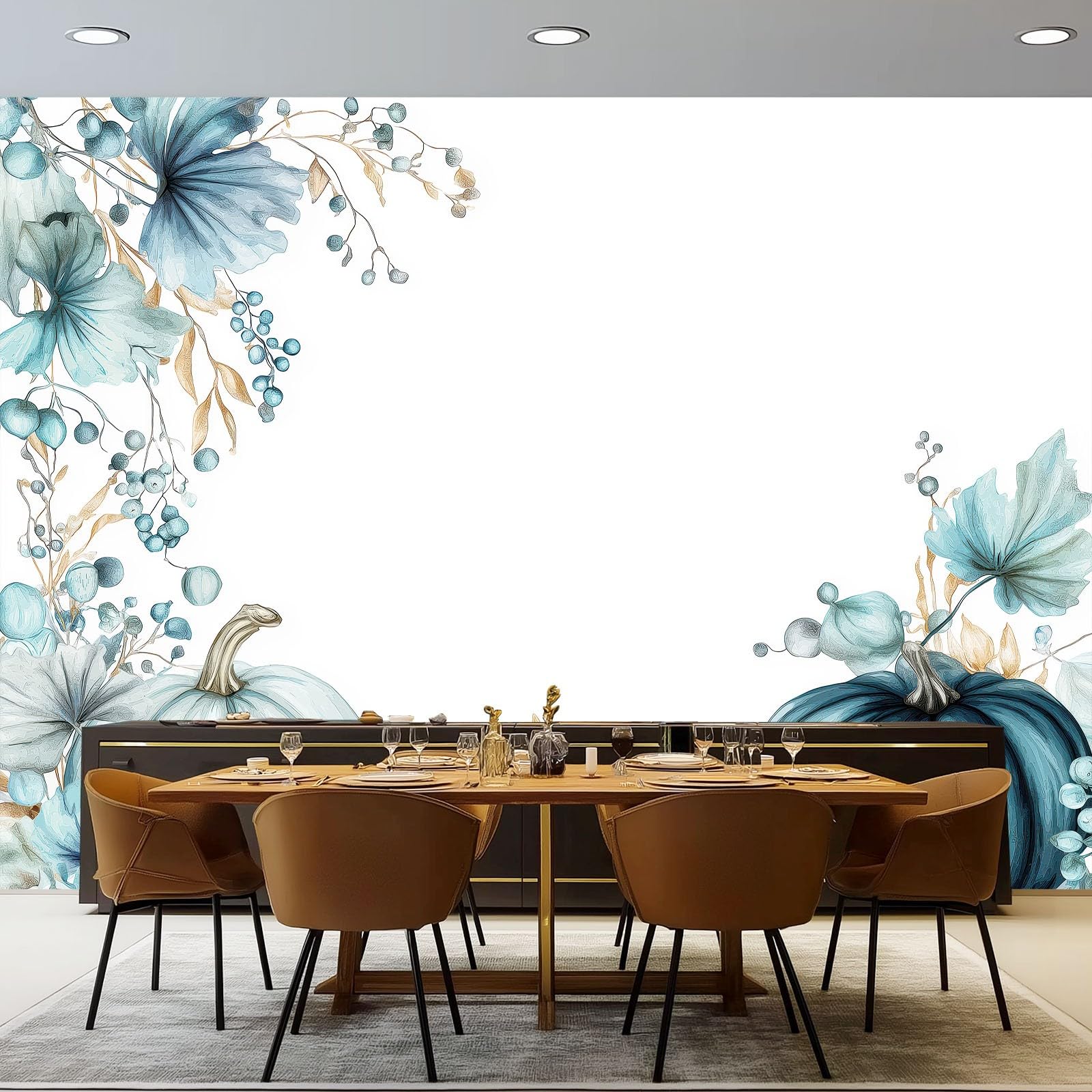 Panoramiczna tapeta jasnoniebieska biała fototapeta 350 x 256 cm, tapeta 3D akwarela liście liany dynia motyw kwiatowy fresk ścienny sypialnia salon dekoracja ścienna gigantyczny