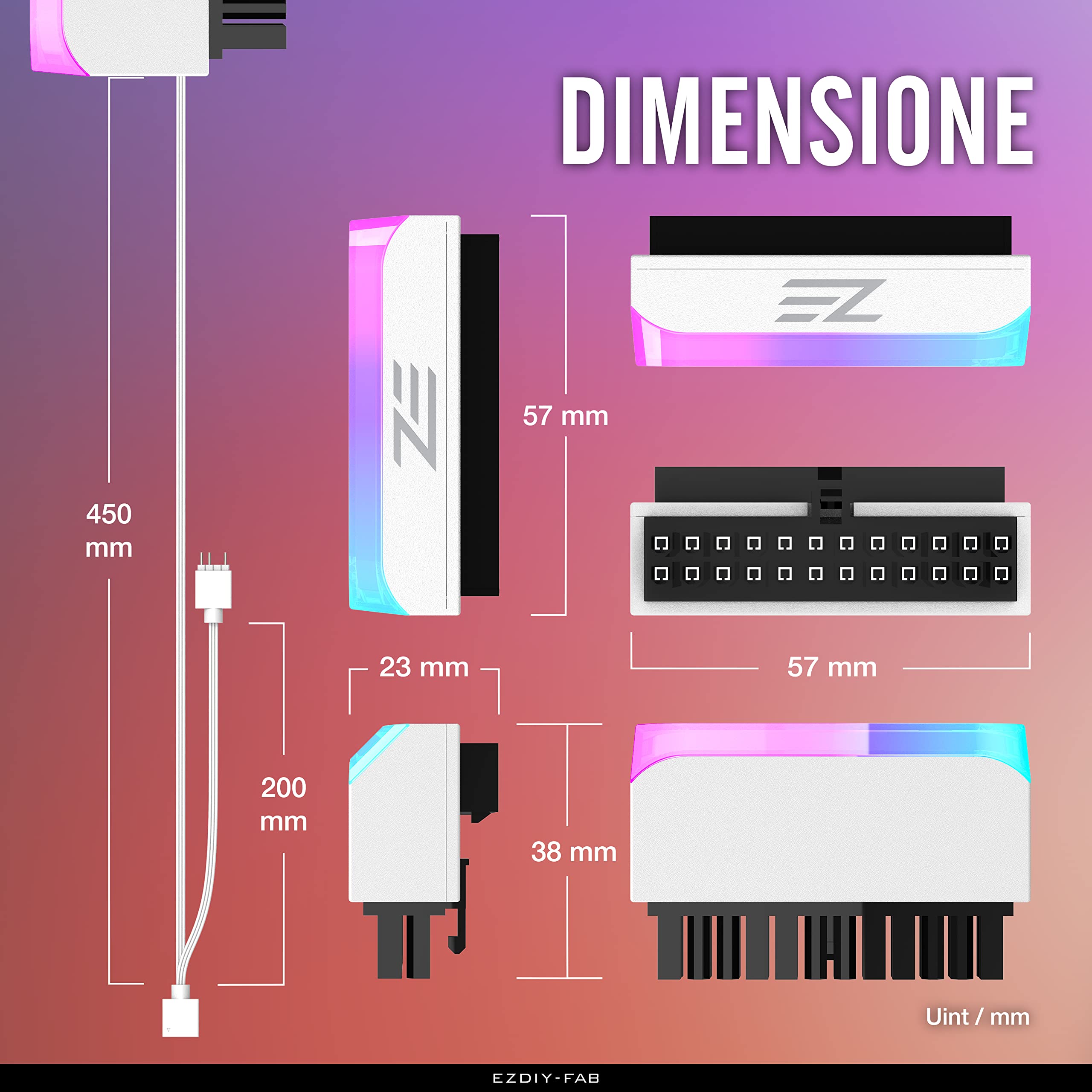 EZDIY-FAB ATX 24-Pin 90 Gradi Connettore di Alimentazione 5V 3 Pin ARGB Rainbow Femmina a Maschio Adattatore di Alimentazione per Scheda Madre del Computer ATX Power Supply-1Pack Bianco