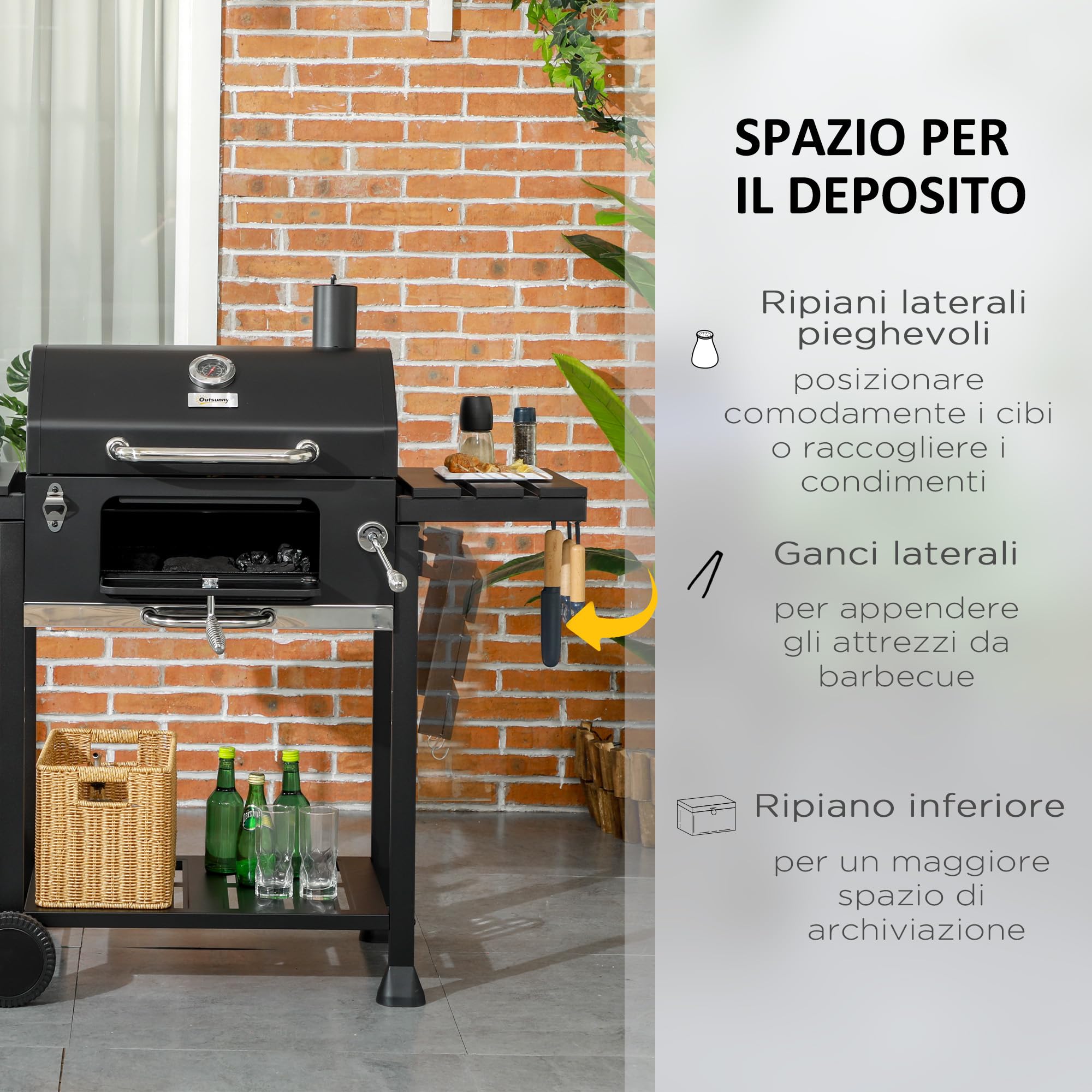Outsunny Barbecue a Carbone con Griglia Regolabile e Ruote, BBQ con Coperchio, Tavolini Laterali, Termometro e Ripiano Inferiore, Nero