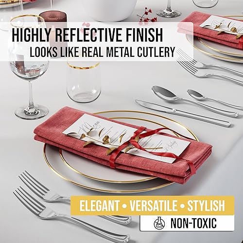 Miniatura 3 de Exquisite Cucharas de plástico plateadas resistentes, 120 piezas de cubiertos de plástico plateado, juego de cubiertos desechables para fiestas y