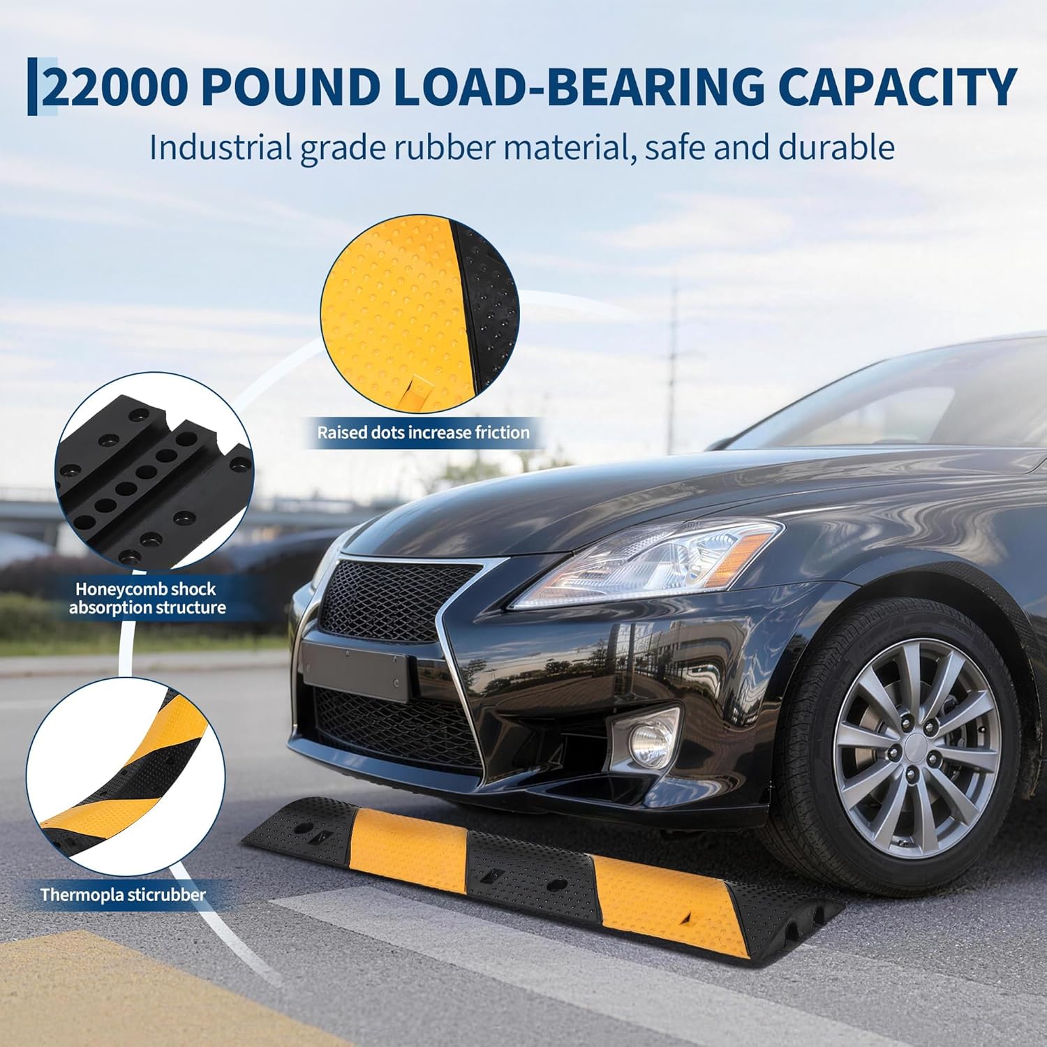 3.3FT Heavy Duty Rubber Speed Bump for Road, 2 Pack 40" Modular Traffic Hump, 2 Channel Floor Cord Cover for Parking Lot, School, Warehouse，22,000 Lbs Capacity