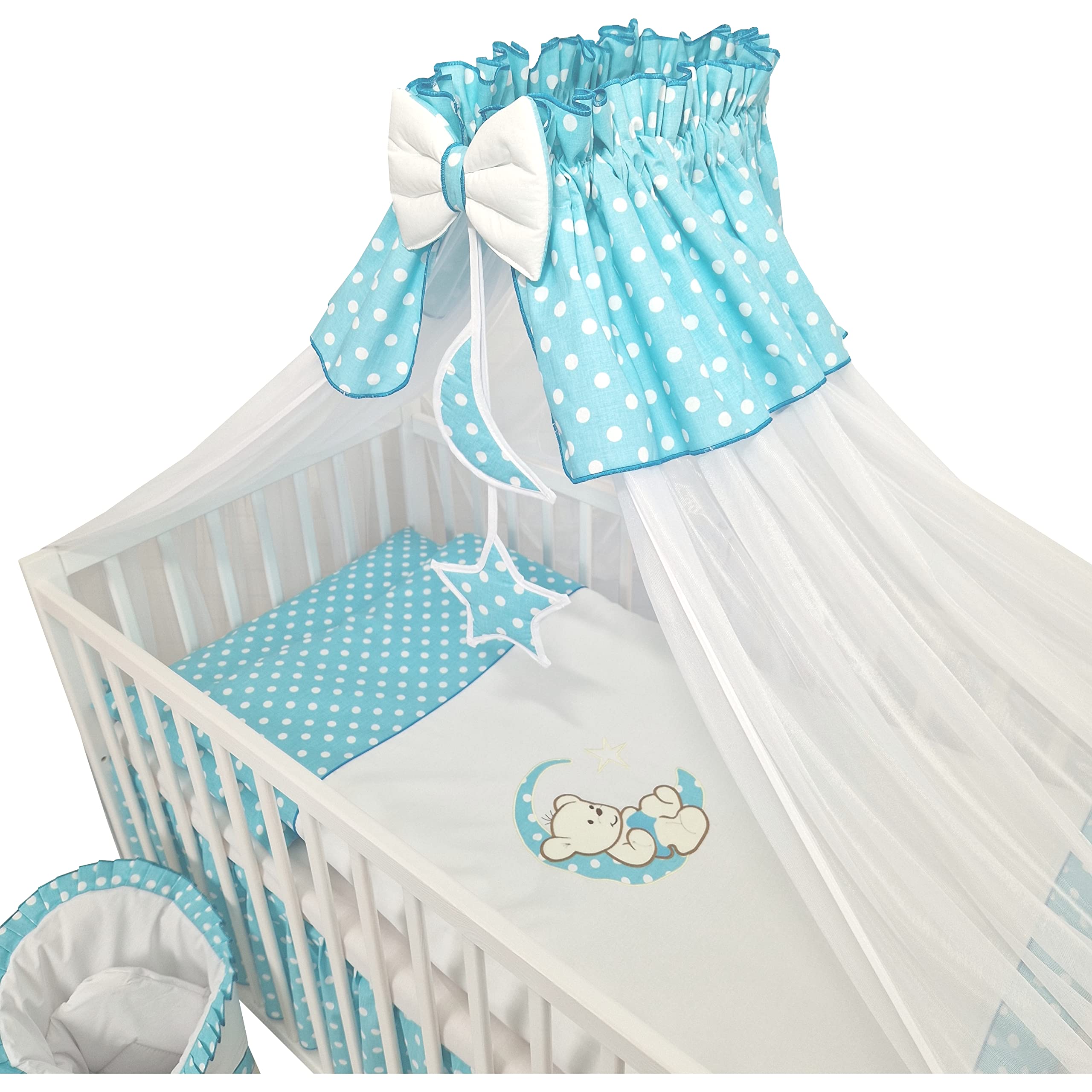 Happy Leo Set Completo 13 Pezzi Culla Lettino Materasso Regolabile Legno Massiccio Ricamato Orsetto Luna Azzurro