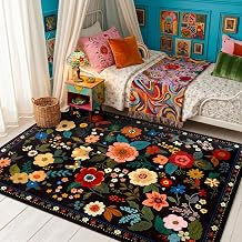 Rugs Living Room 90x150cm Black, Machine Washable Floral Rug | Non-Slip Soft Low Pile Vintage Floral Carpet with Printed Design for Bedroom, Kitchen, Entryway, Lounge